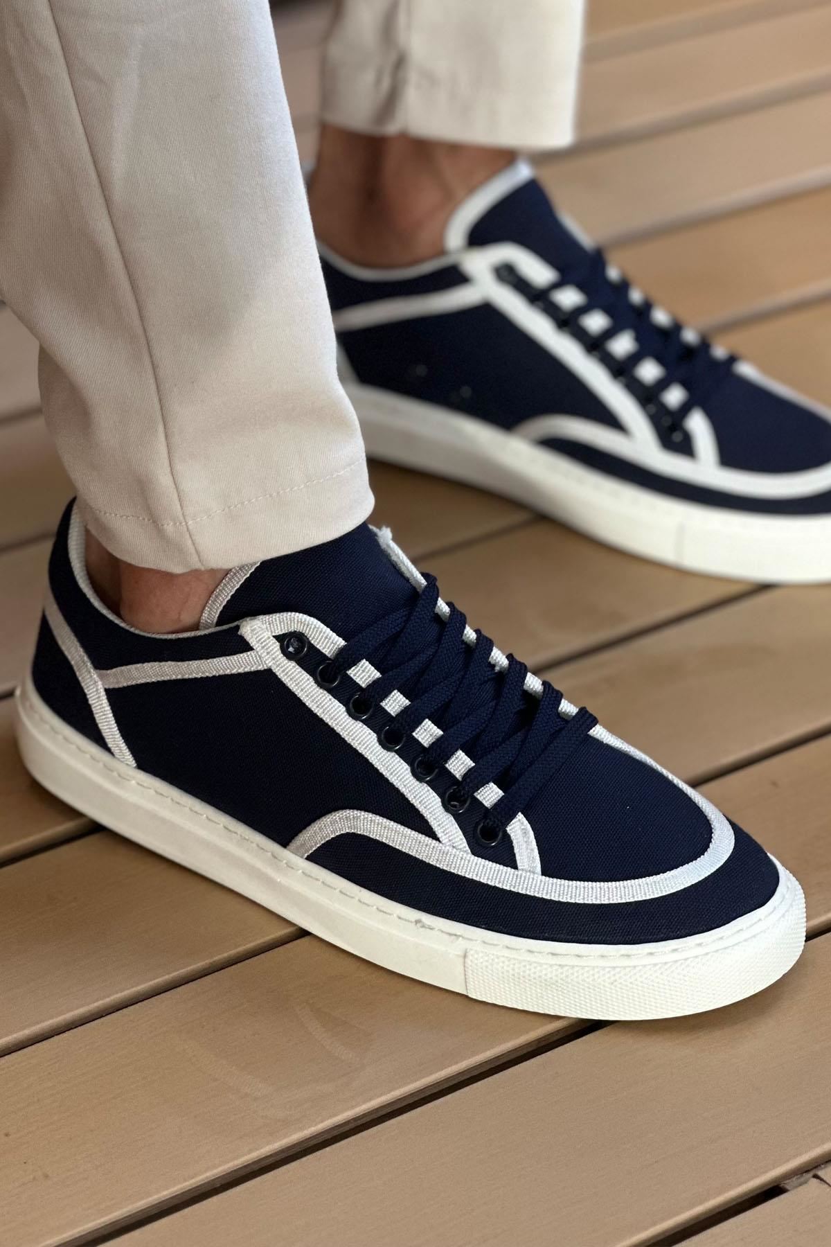 Keten Bağcıklı Erkek Günlük Ayakkabı Lacivert Beyaz - Görsel 3