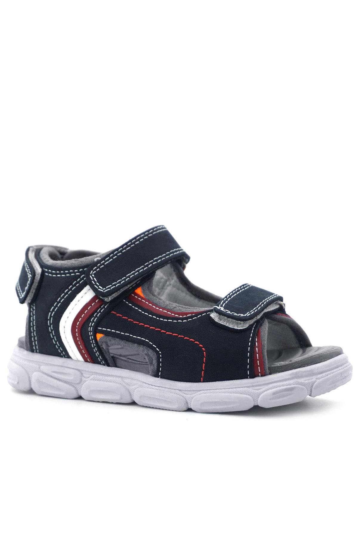 Hakiki Deri Lacivert Kırmızı Cırt Cırtlı Çocuk Sandalet - Görsel 2