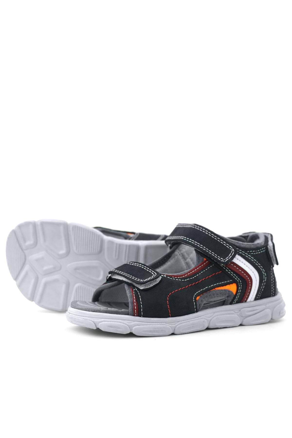 Hakiki Deri Lacivert Kırmızı Cırt Cırtlı Çocuk Sandalet - Görsel 7