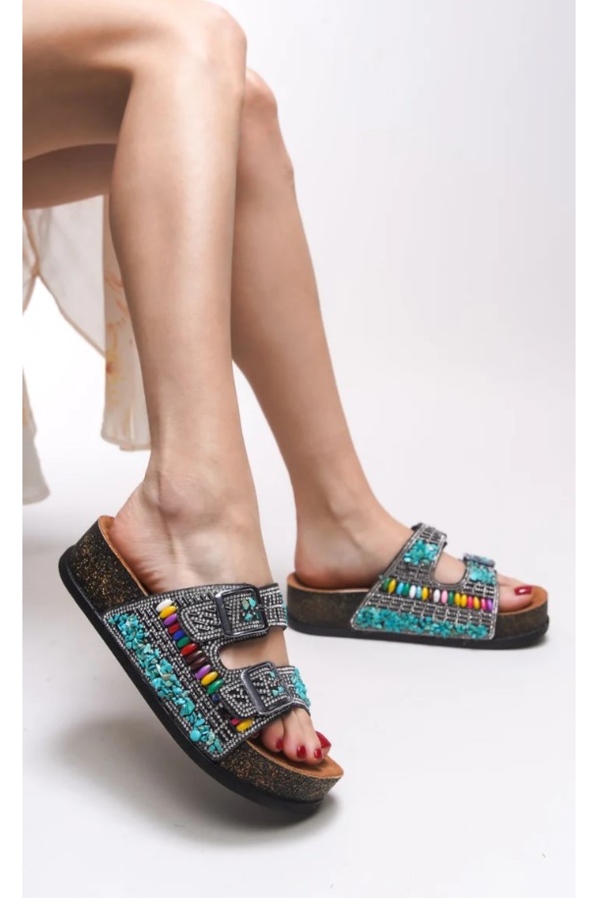 Çift Toka Mantar Taban Taş Detaylı Kadın Terlik - Görsel 2