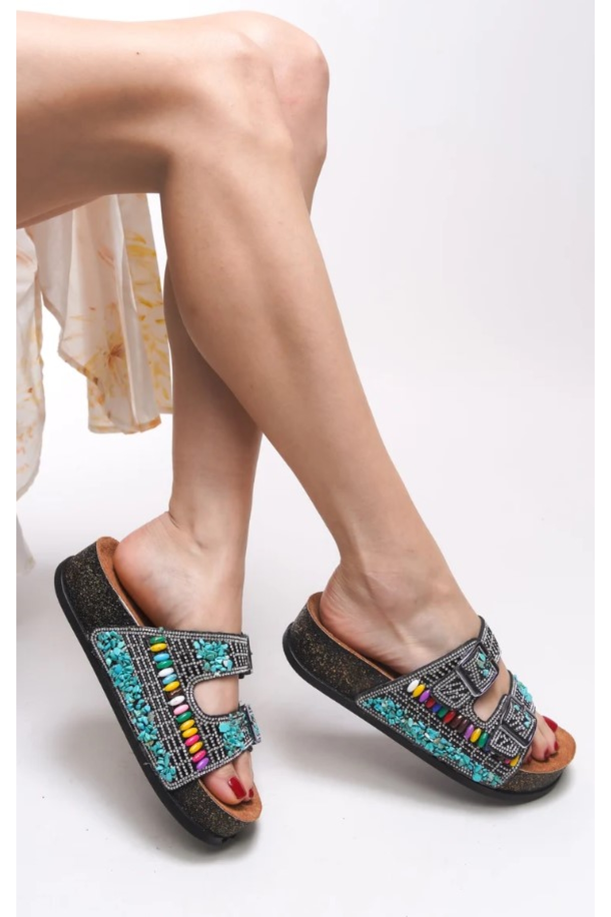 Çift Toka Mantar Taban Taş Detaylı Kadın Terlik - Görsel 3