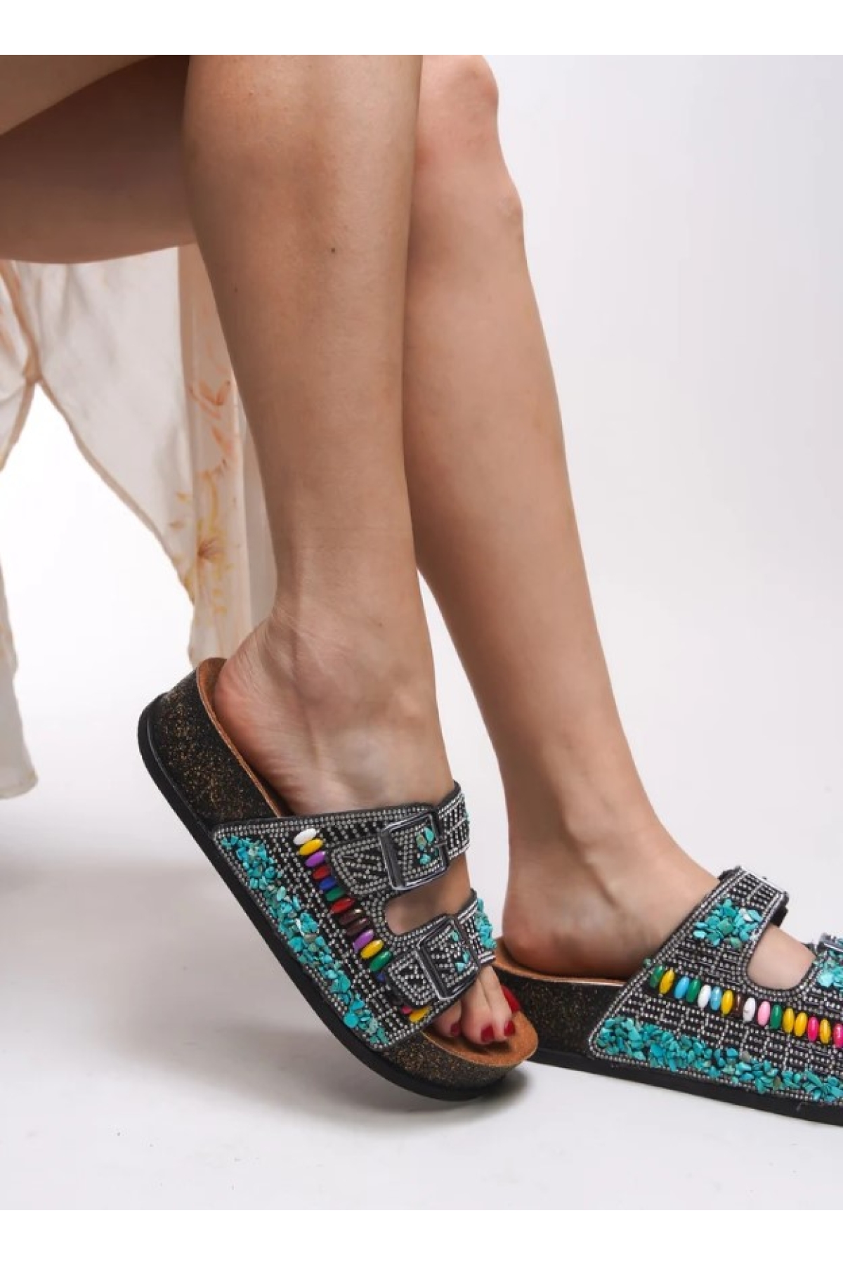 Çift Toka Mantar Taban Taş Detaylı Kadın Terlik - Görsel 7