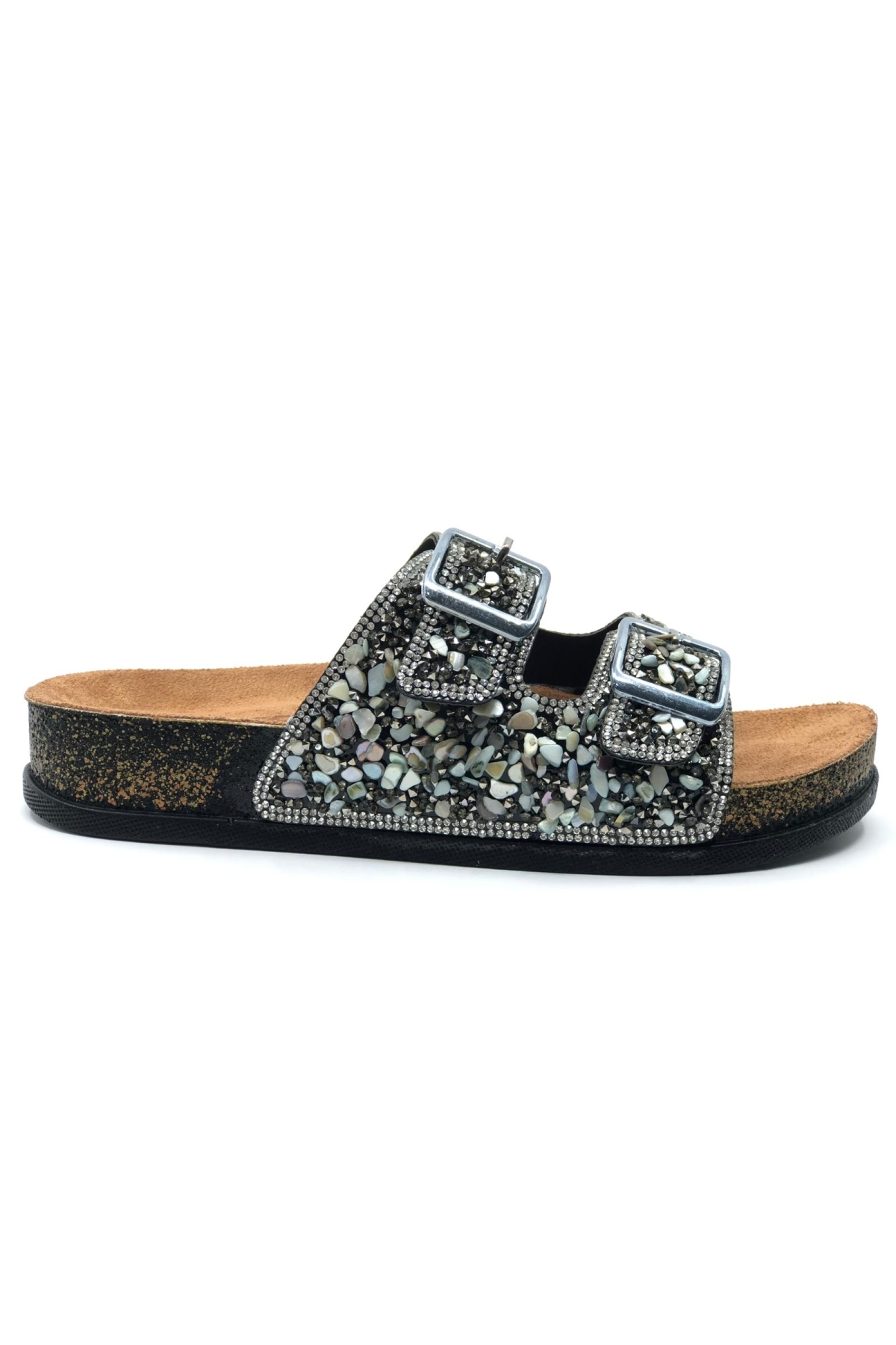 Çift Toka Mantar Taban Taş Detaylı Kadın Terlik - Görsel 6