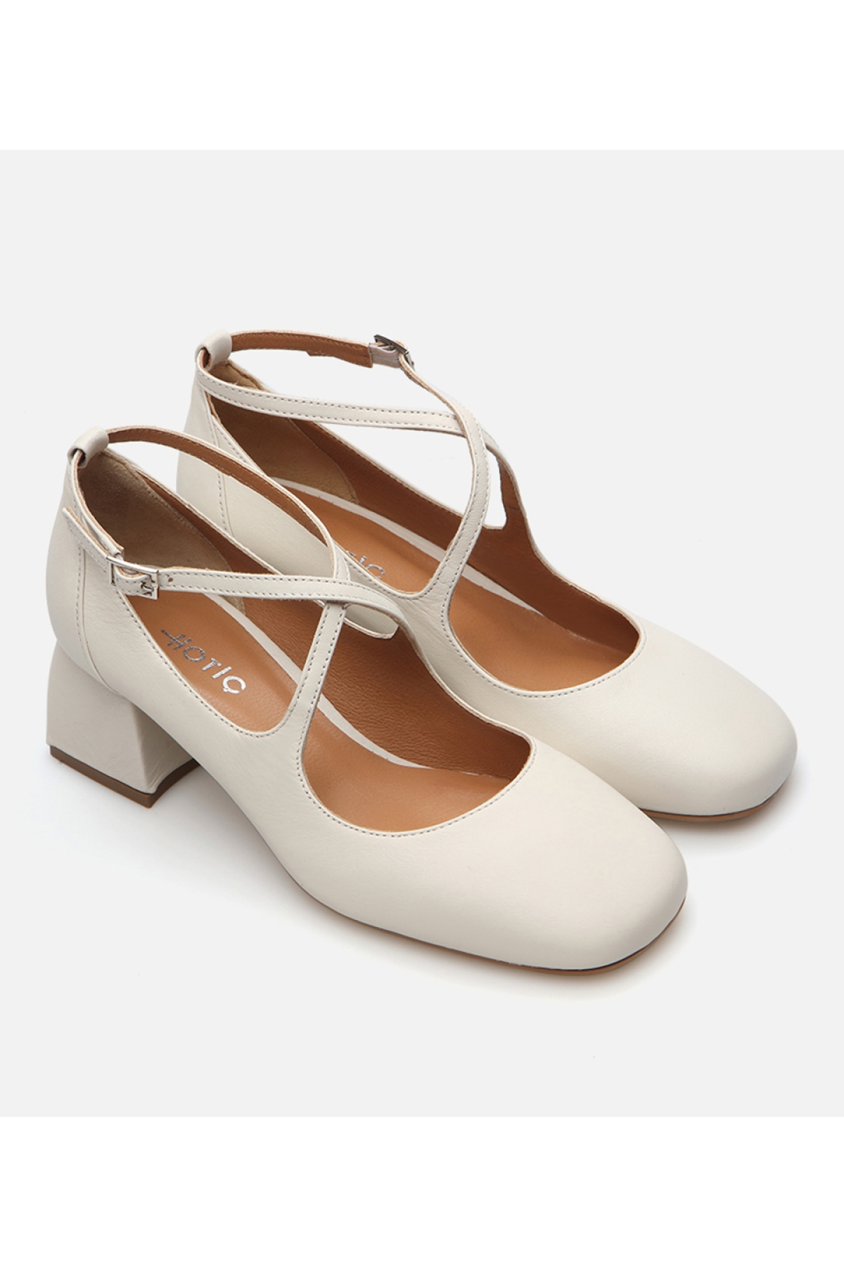 Kadın Deri Ekru Kalın Topuklu Ayakkabı - Görsel 3