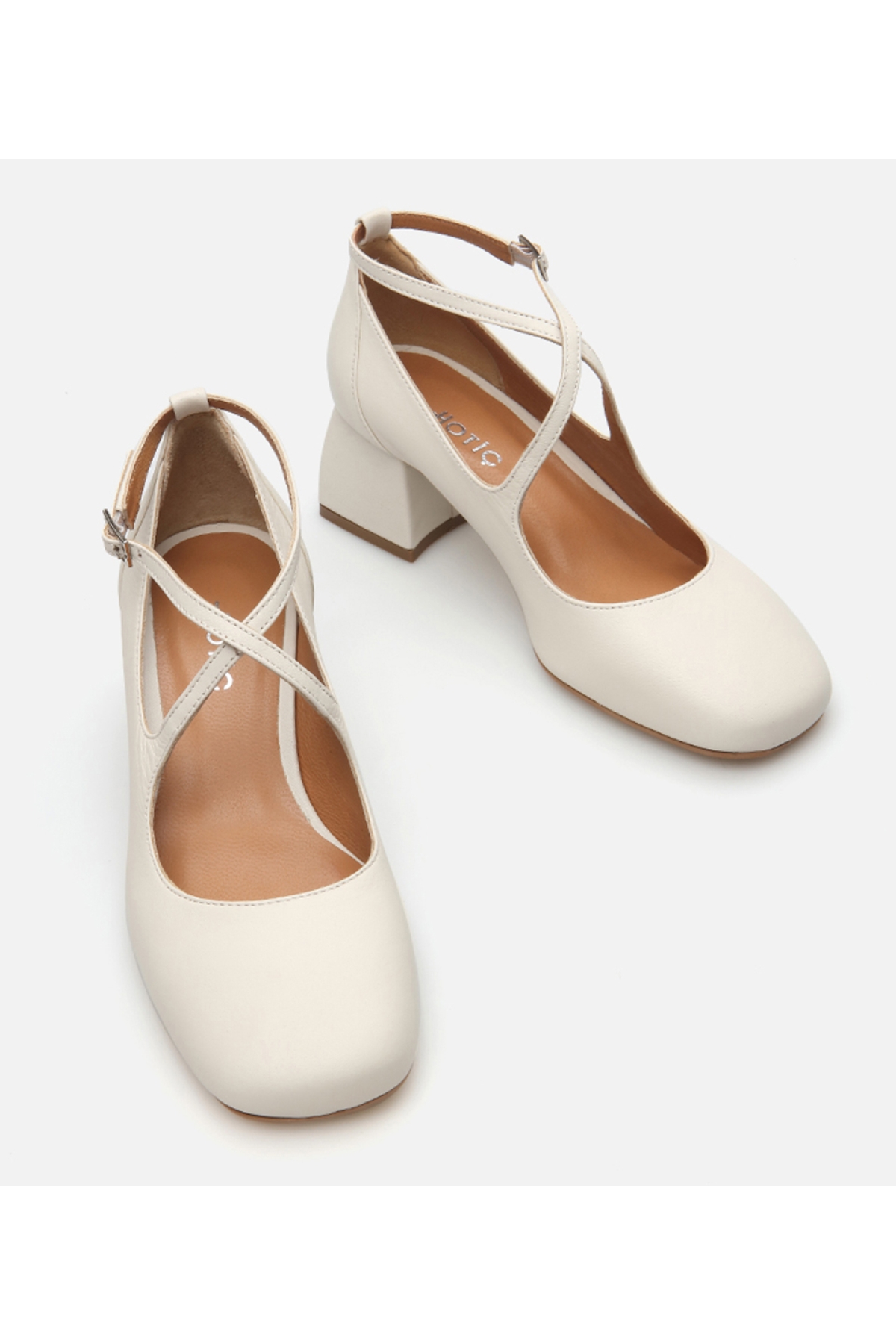 Kadın Deri Ekru Kalın Topuklu Ayakkabı - Görsel 4