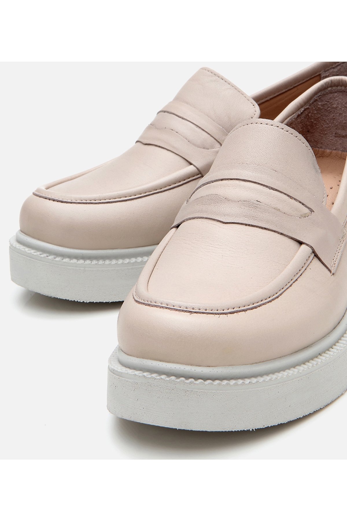Kadın Deri Bej Kalın Tabanlı Klasik Loafer - Görsel 5