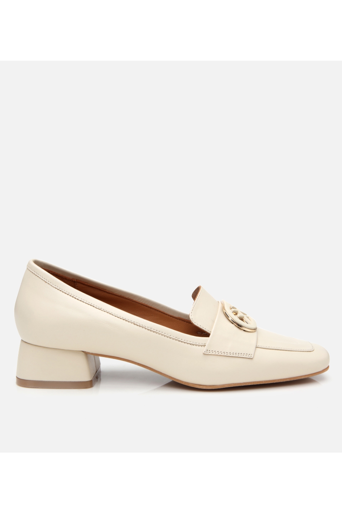 Kadın Deri Ekru Tokalı Kalın Topuklu Klasik Loafer - Görsel 2