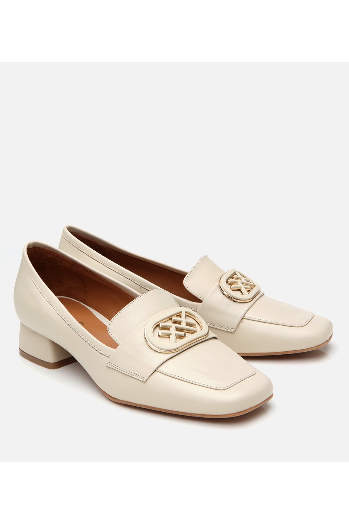 Kadın Deri Ekru Tokalı Kalın Topuklu Klasik Loafer - Görsel 3