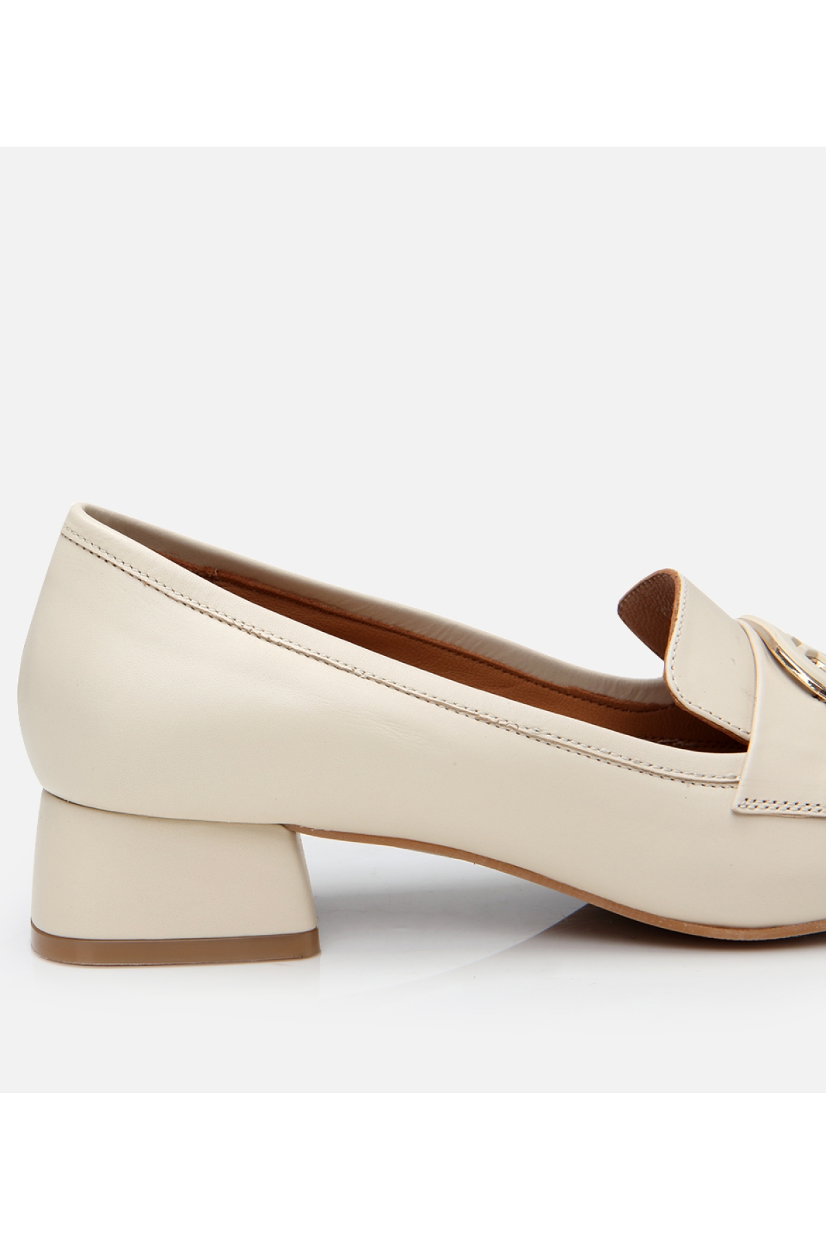 Kadın Deri Ekru Tokalı Kalın Topuklu Klasik Loafer - Görsel 5