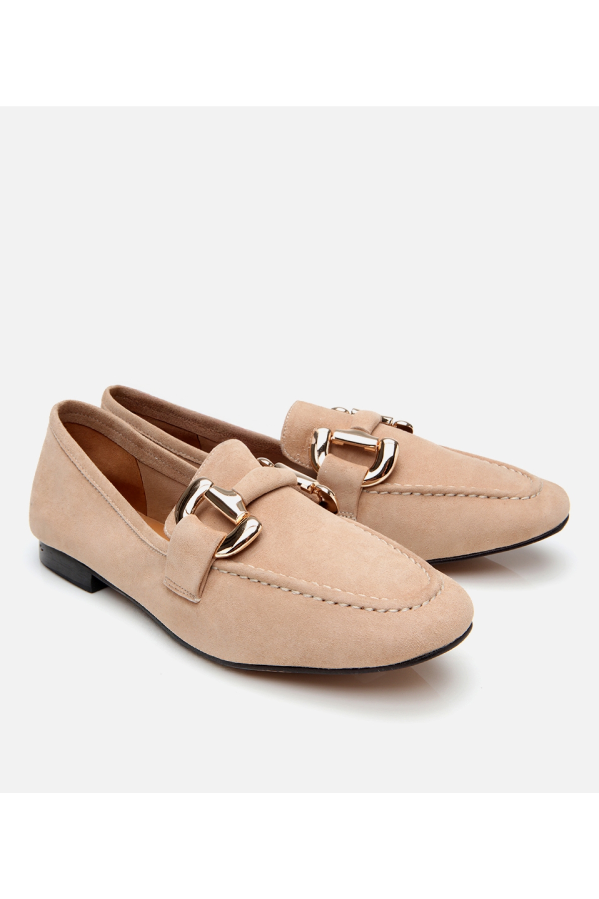 Kadın Süet Deri Bej Tokalı Günlük Loafer - Görsel 3