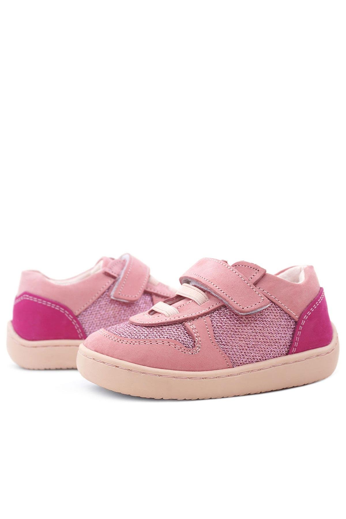 Bob Hakiki Deri Pembe Simli Barefoot Cırtlı Lastikli Bebek Sneaker Ayakkabı - Görsel 8