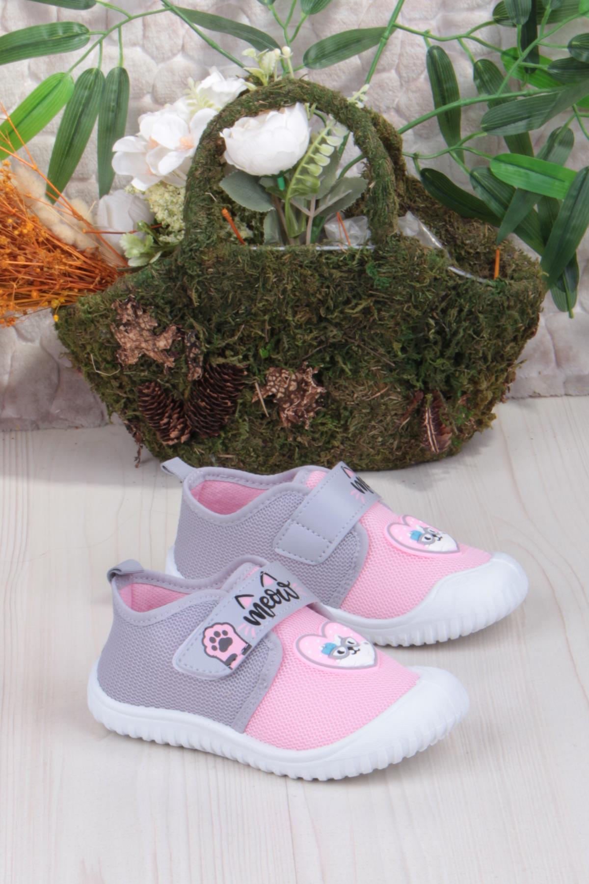 3447 Gz Kedi Figürlü Anaokulu Kreş Ev Kız Çocuk Keten Panduf Ayakkabı - Görsel 2