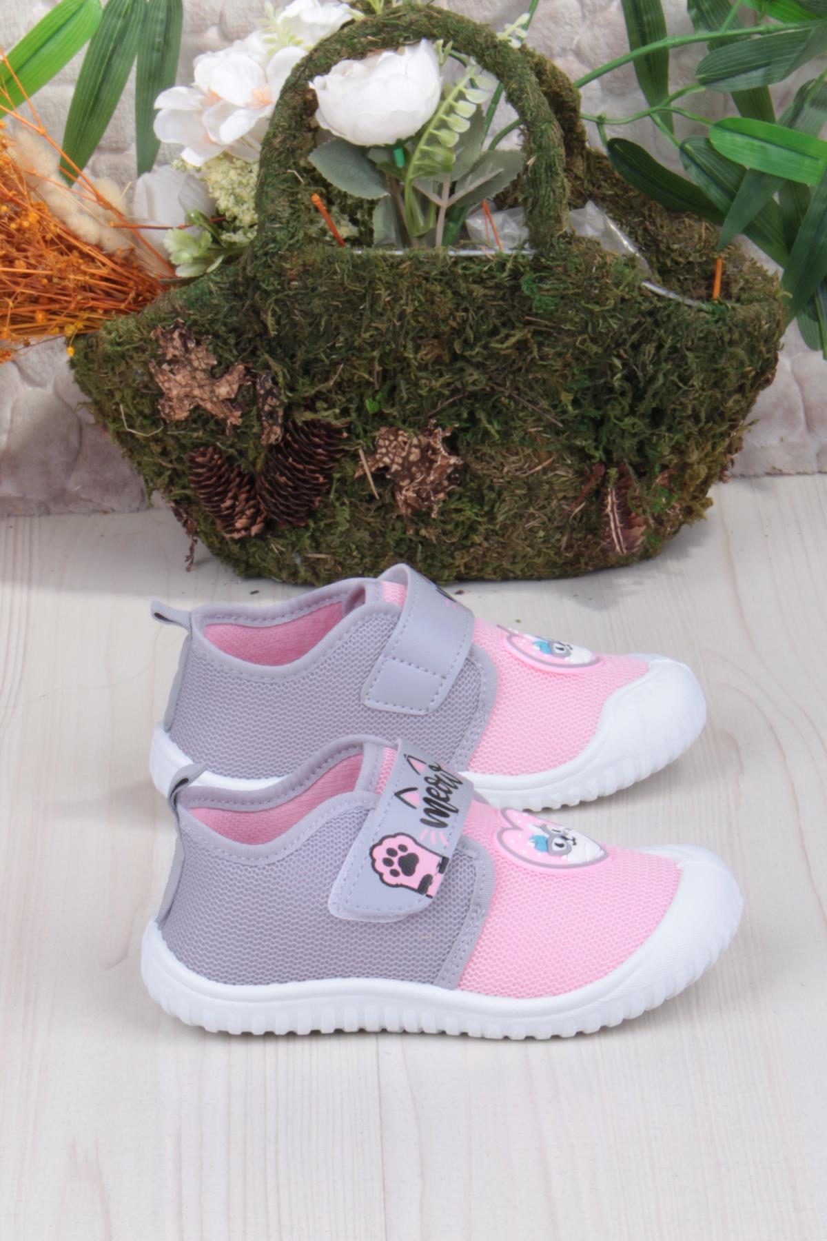 3447 Gz Kedi Figürlü Anaokulu Kreş Ev Kız Çocuk Keten Panduf Ayakkabı - Görsel 3