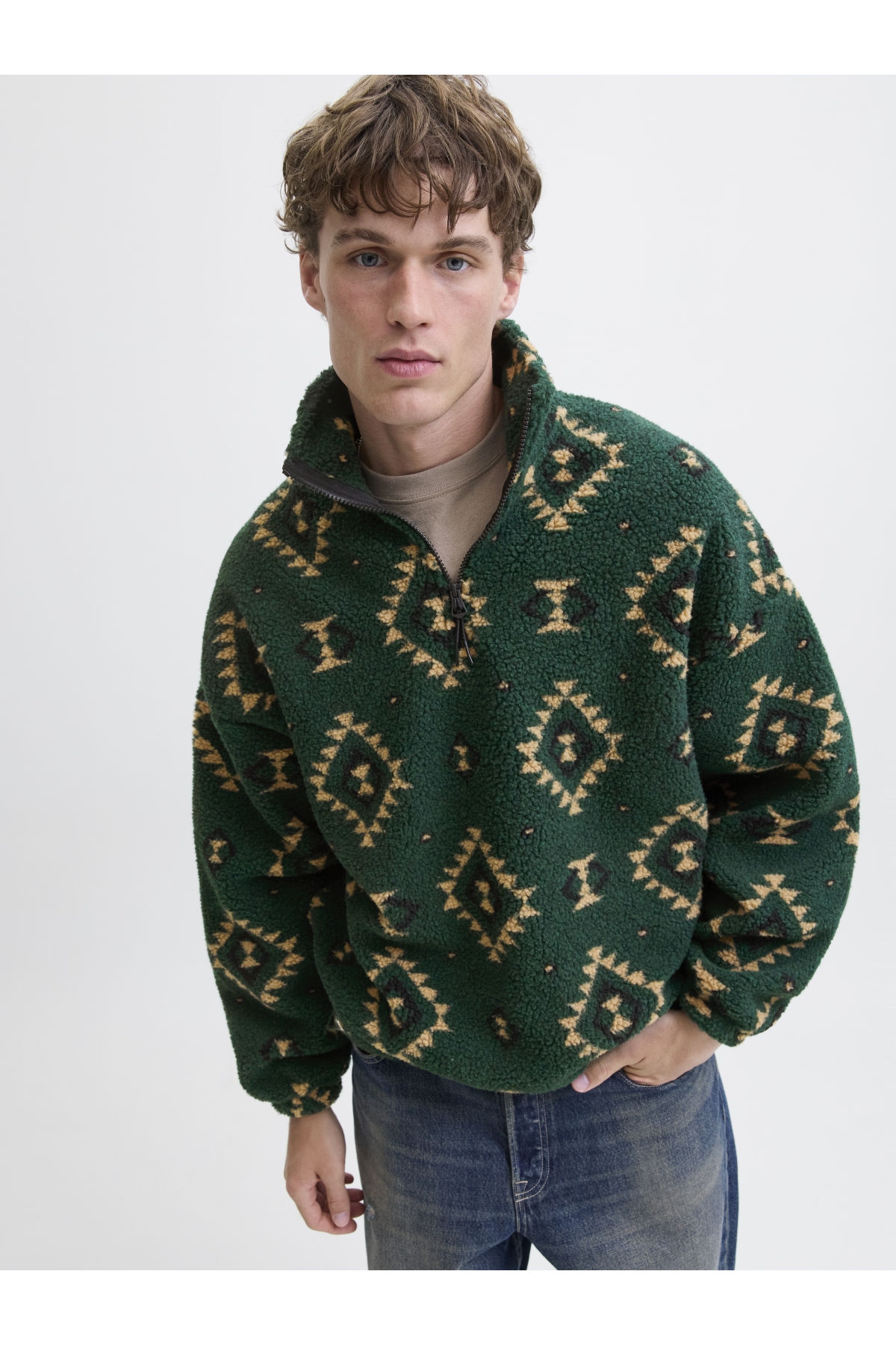 Jack Jones Joreddıe Teddy Half Zıp Hn T25 Erkek Yeşil Sweatshirt