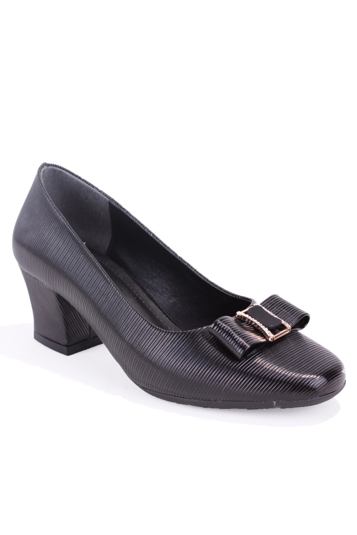 DZA07-725550 Siyah Baskılı Rugan Klasik Topuklu Kadın Ayakkabı - Görsel 2