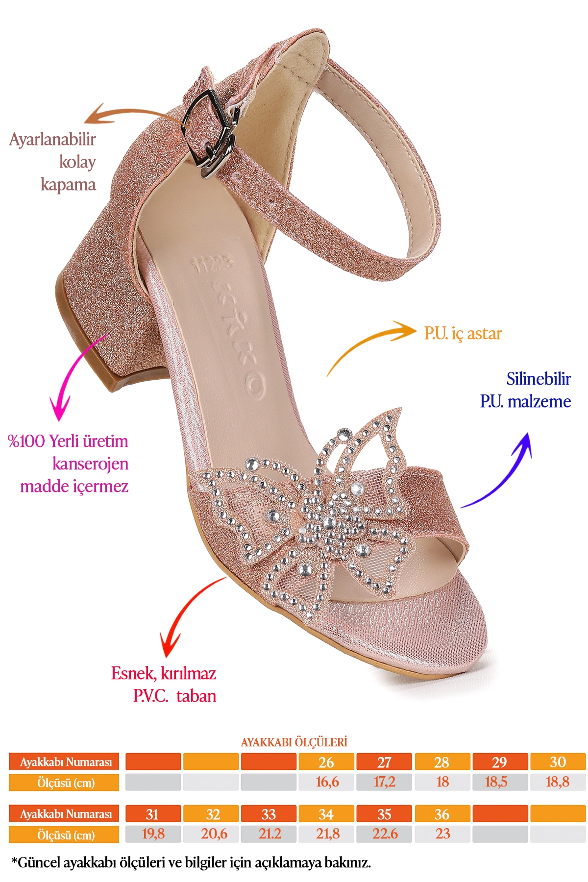 Zete Kum Simli Kız Çocuk 4 Cm Topuklu Sandalet Abiye Ayakkabı Bakır - Görsel 3