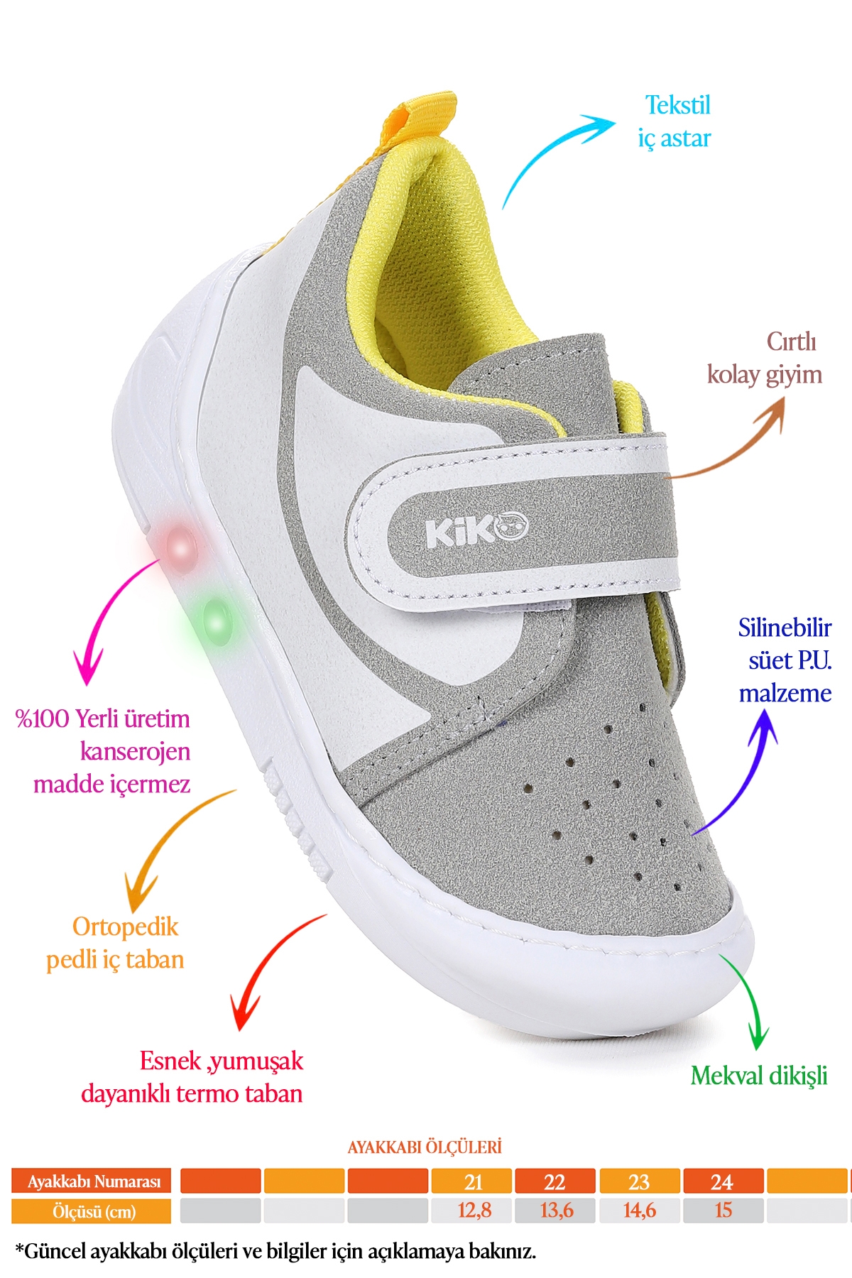 Kugan Cırtlı Işıklı Erkek Bebek Yürüyüş Spor Ayakkabı Gri - Sarı - Görsel 3