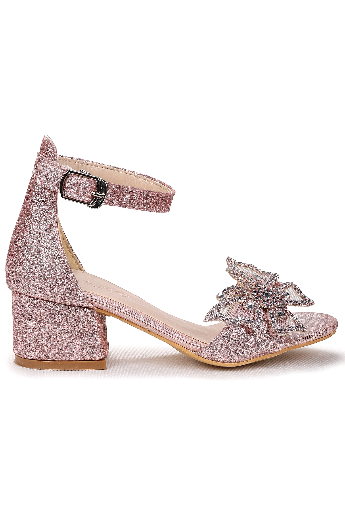 Zete Kum Simli Kız Çocuk 4 Cm Topuklu Sandalet Abiye Ayakkabı Pudra - Görsel 2