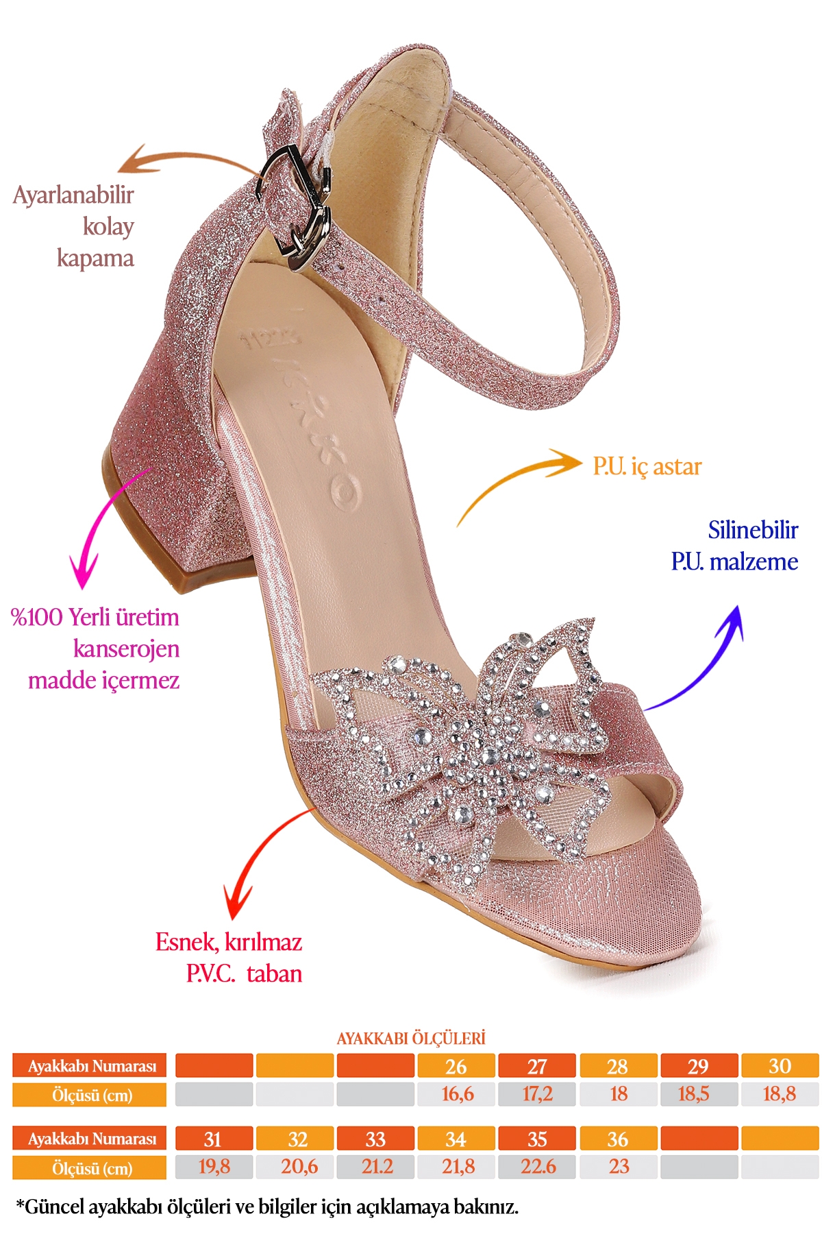 Zete Kum Simli Kız Çocuk 4 Cm Topuklu Sandalet Abiye Ayakkabı Pudra - Görsel 3