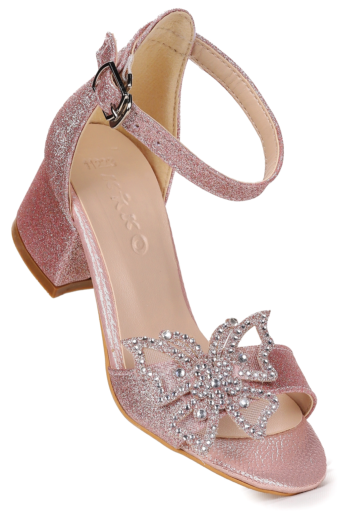 Zete Kum Simli Kız Çocuk 4 Cm Topuklu Sandalet Abiye Ayakkabı Pudra - Görsel 4