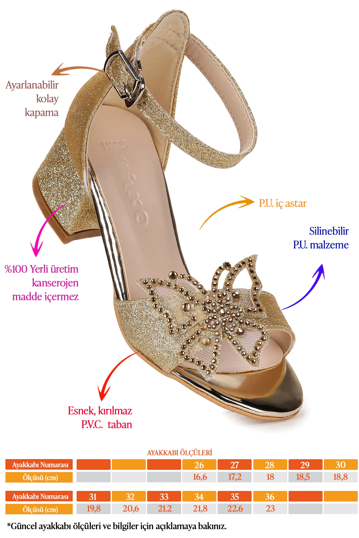 Zete Kum Simli Kız Çocuk 4 Cm Topuklu Sandalet Abiye Ayakkabı Altın - Görsel 3