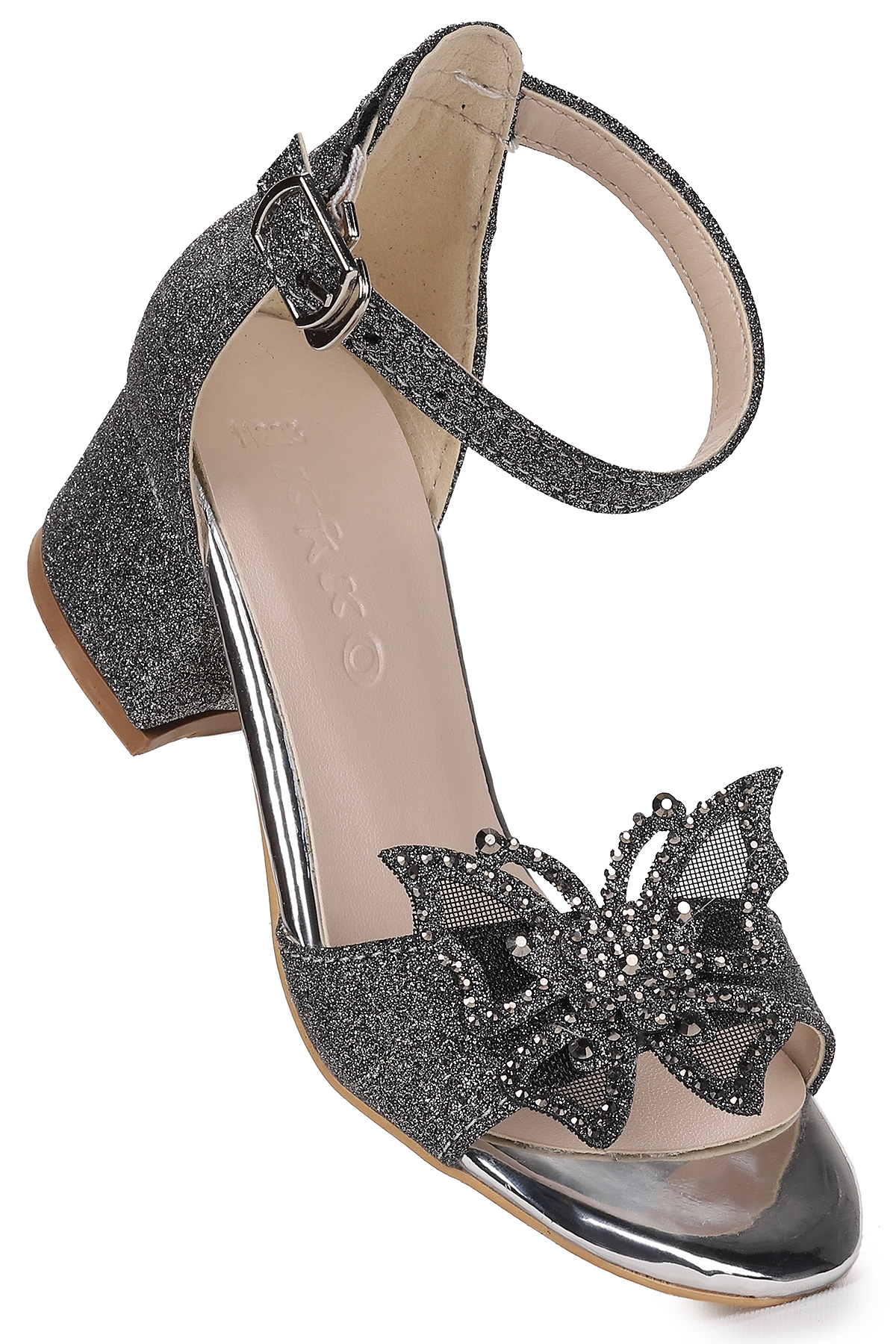 Zete Kum Simli Kız Çocuk 4 Cm Topuklu Sandalet Abiye Ayakkabı Platin - Görsel 4