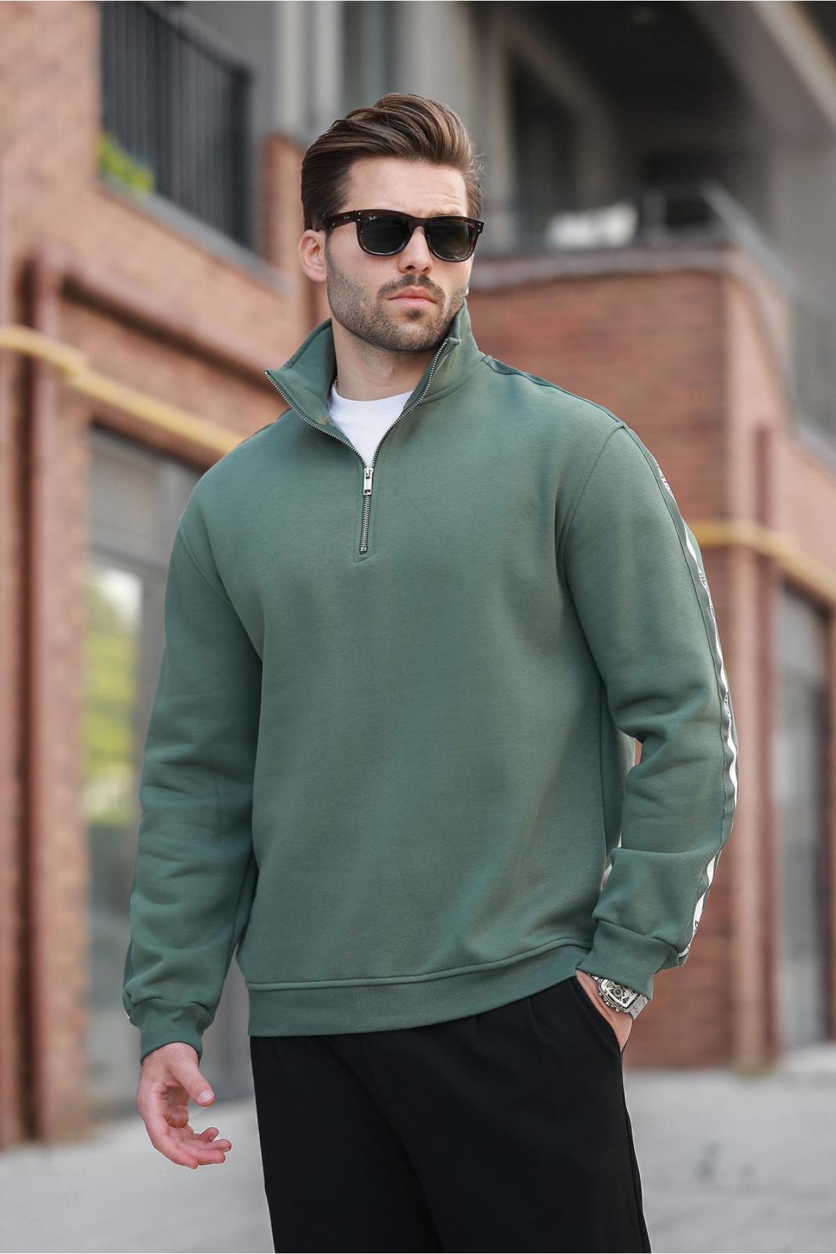Haki Bisiklet Yaka Oversize Şardonlu Basic Erkek Sweatshirt 6048