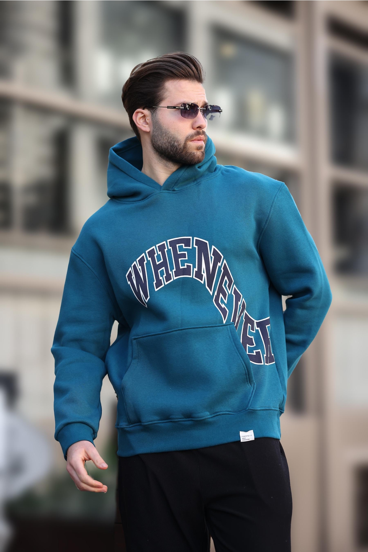 Petrol Mavisi Kapüşonlu Baskılı Cep Detaylı Erkek Sweatshirt E7065