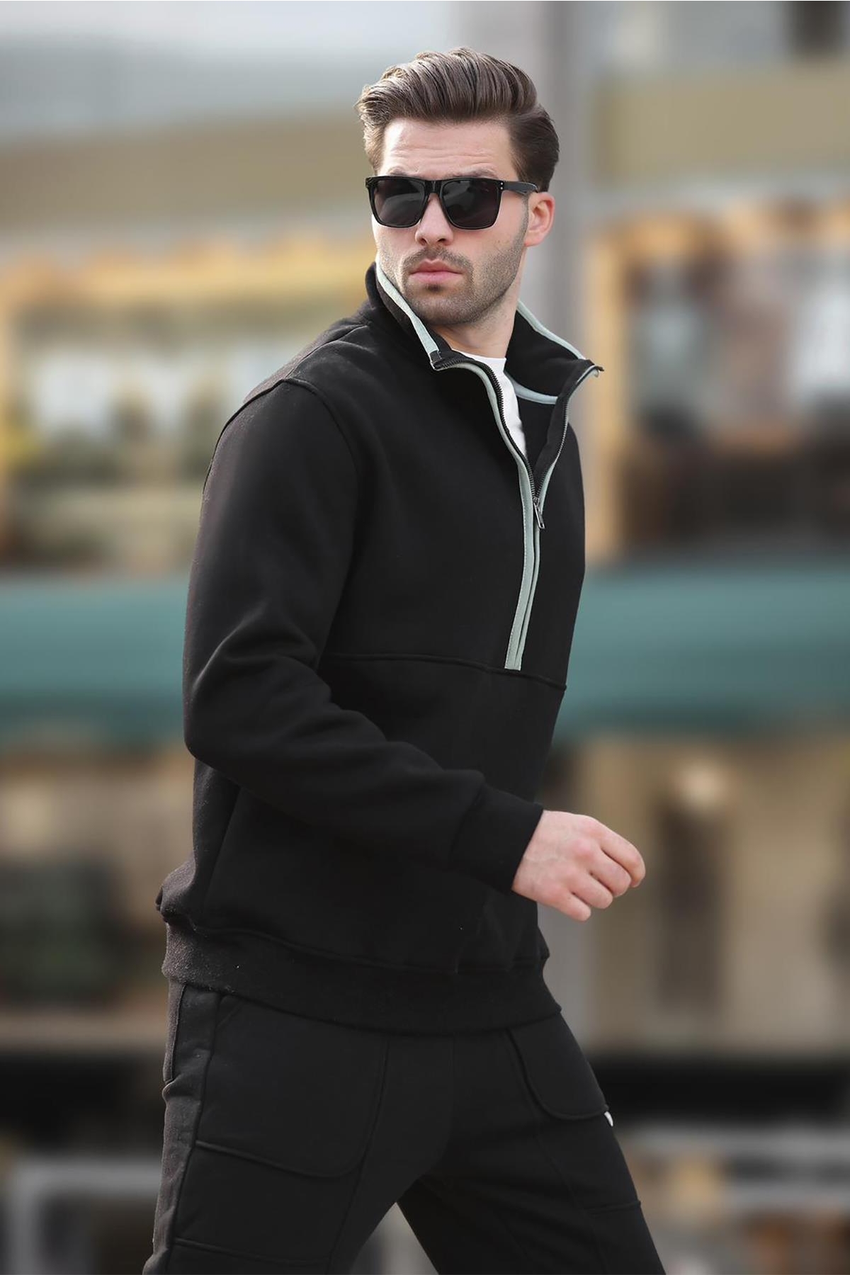 Siyah Bisiklet Yaka Oversize Şardonlu Basic Erkek Sweatshirt 6048