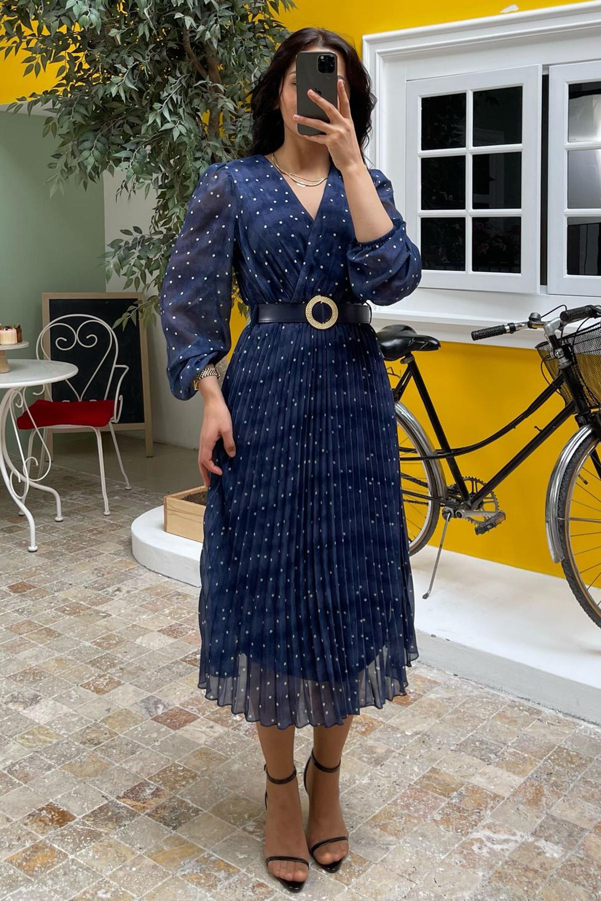 m*h様 clesste  OX DRESS KNIT WIDESHI Lacivert Kruvaze Yaka Puantiyeli Şifon Elbise MG2065 Fiyatları | Flo