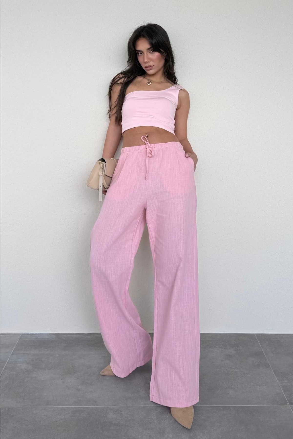 Madmext Pembe Beli Büzgülü Wide Leg Kumaş Pantolon MG1950