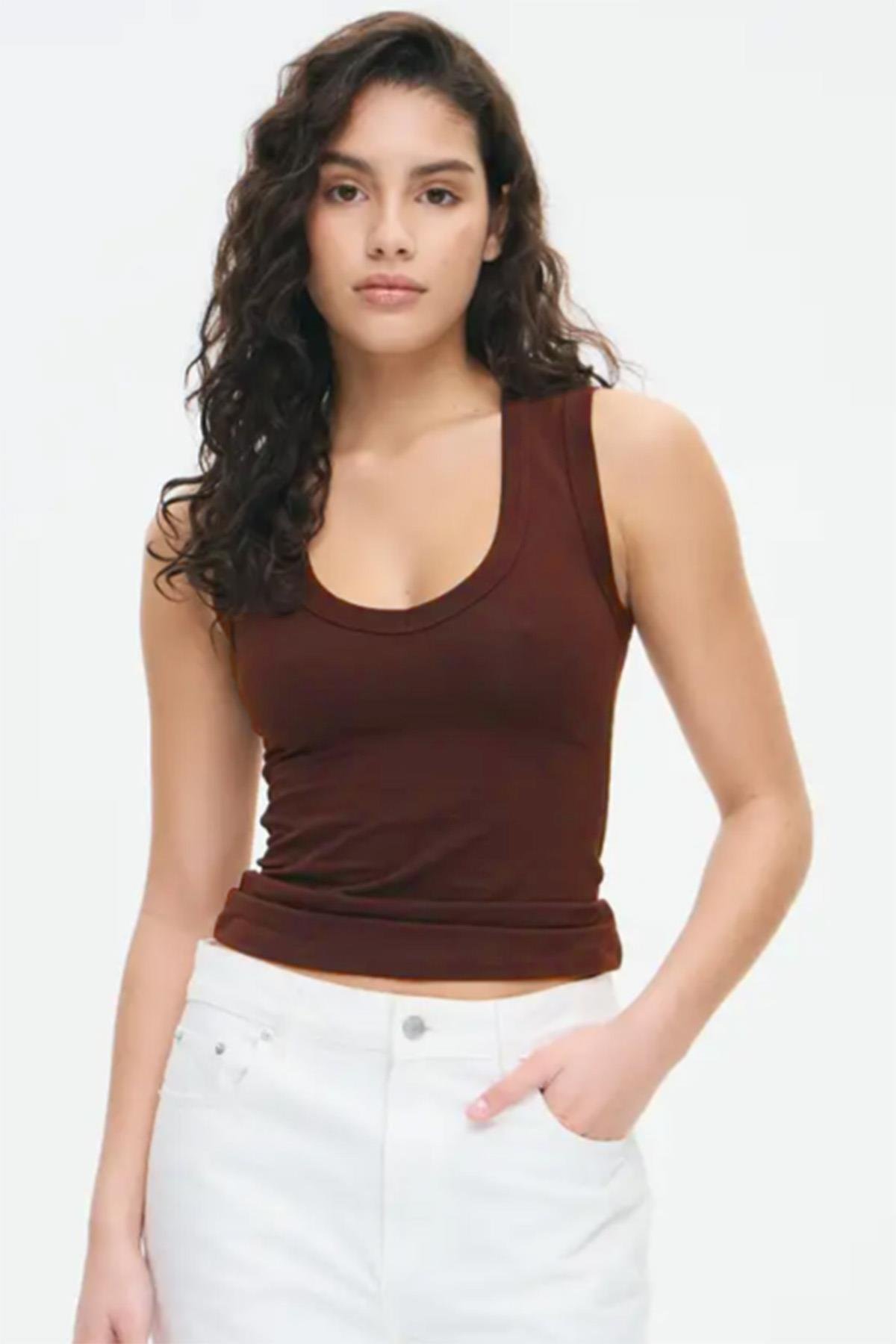 MadmextKahverengi V Yaka Biyeli Kadın Atlet Mg2292