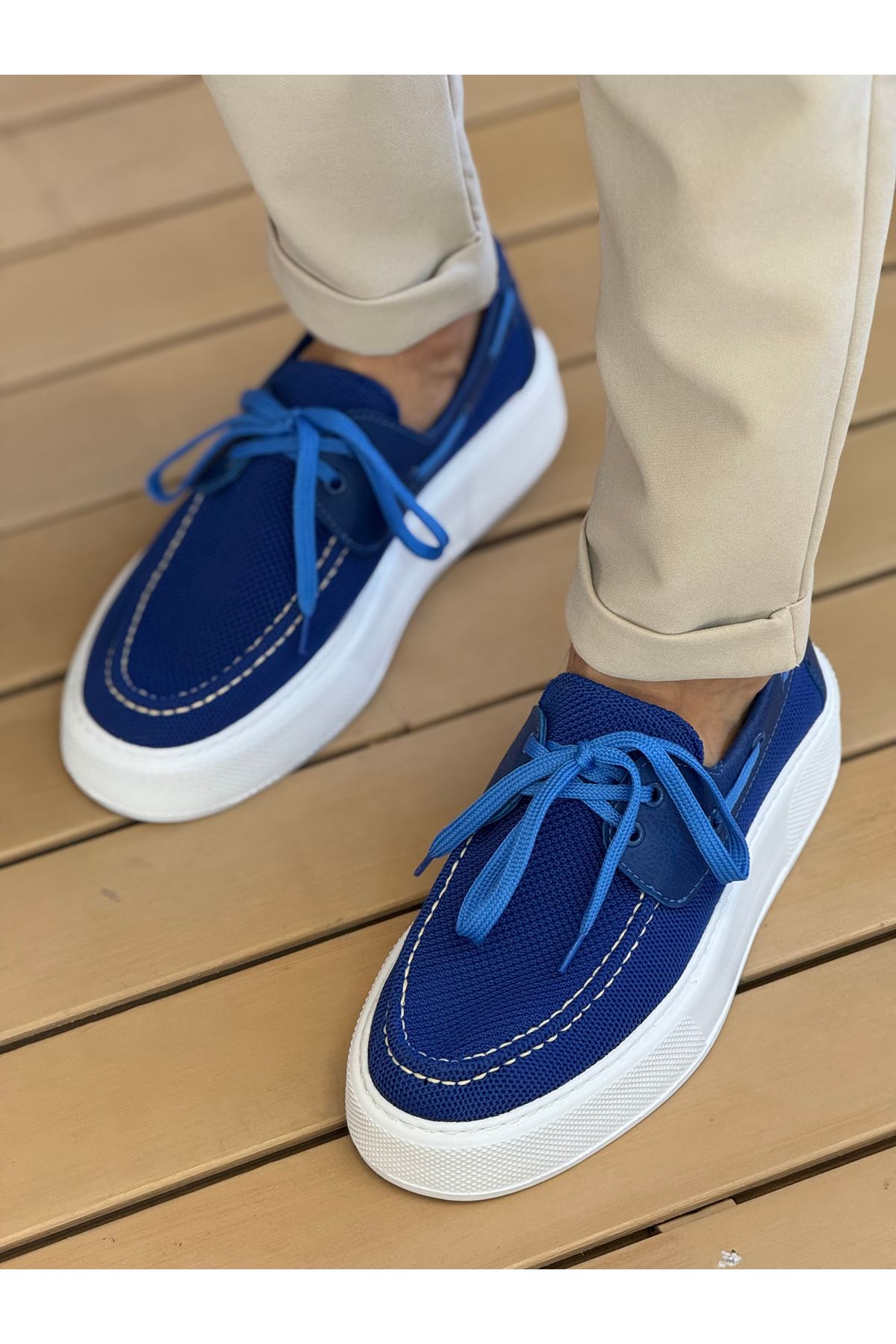 Bağcıklı Triko Erkek Casual Ayakkabı Mavi - Görsel 2