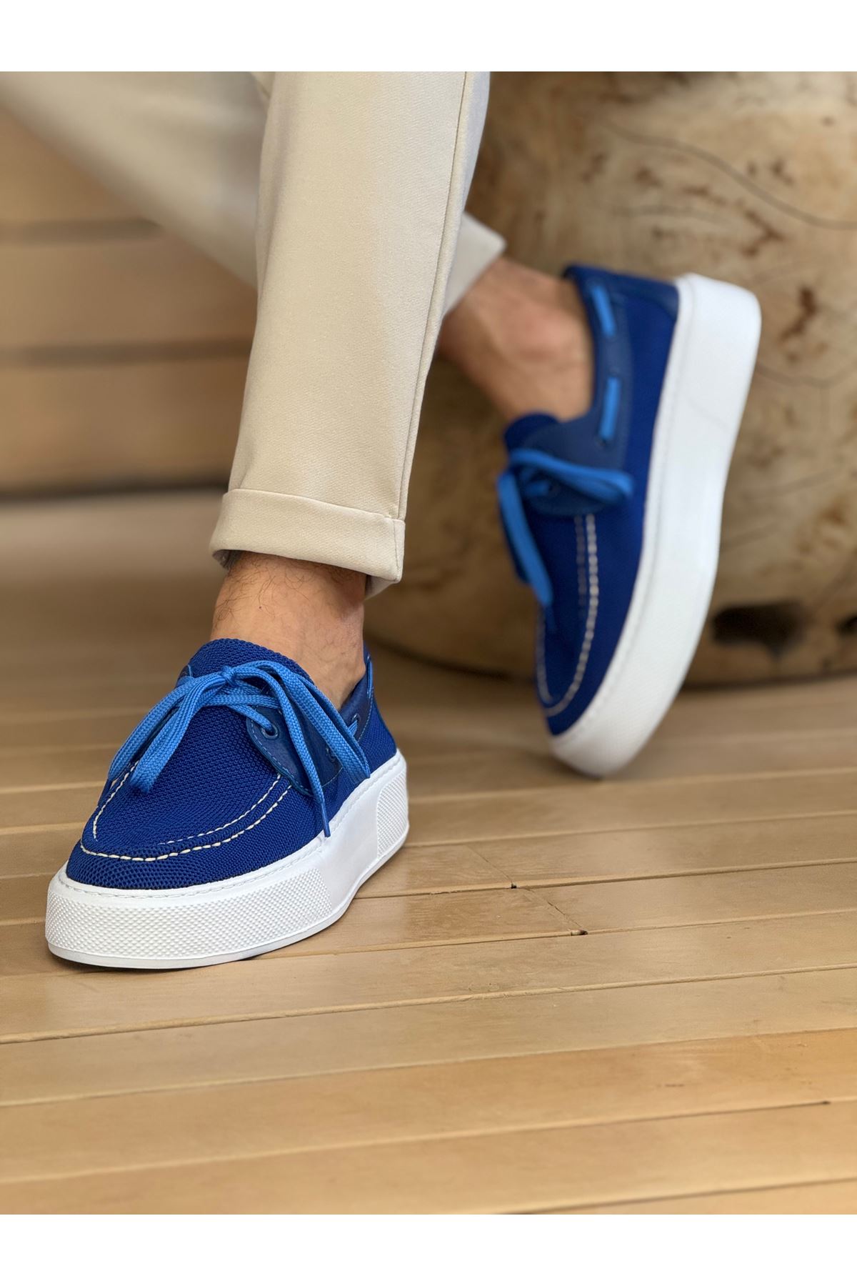 Bağcıklı Triko Erkek Casual Ayakkabı Mavi - Görsel 3