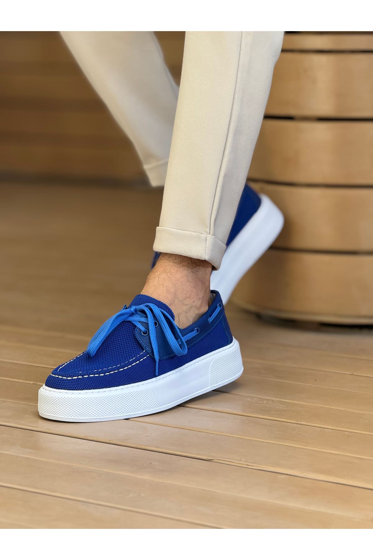 Bağcıklı Triko Erkek Casual Ayakkabı Mavi - Görsel 4
