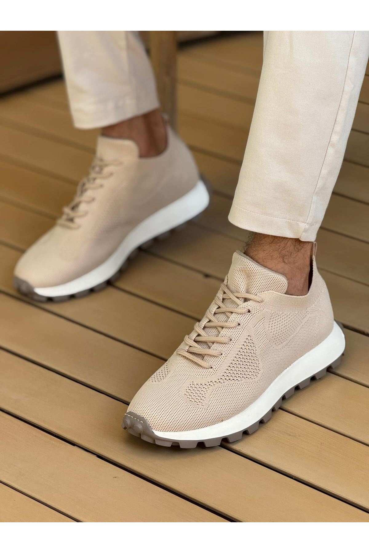 Bağcıklı Triko Erkek Sneaker Ayakkabı Bej - Görsel 2
