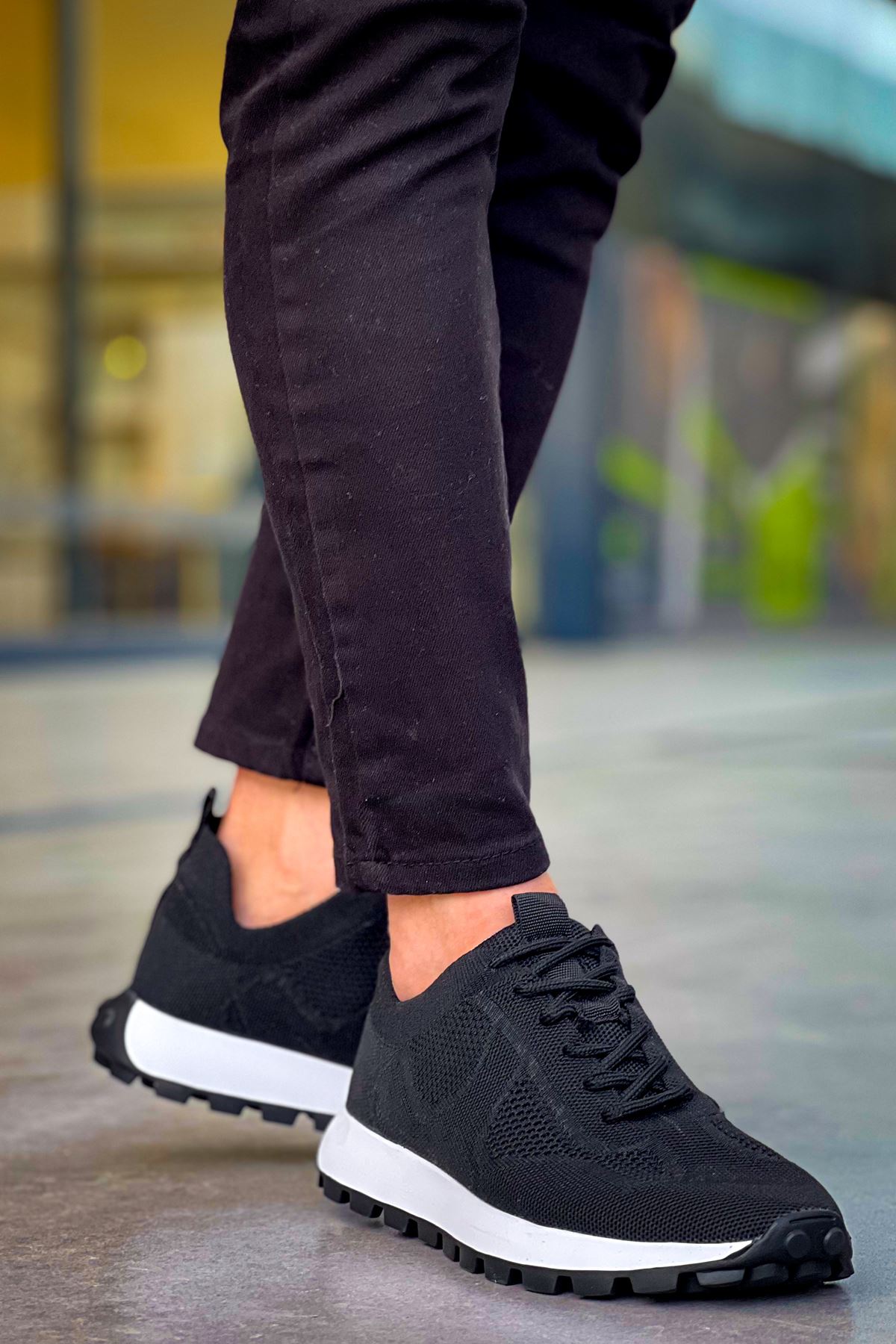 Bağcıklı Triko Erkek Sneaker Ayakkabı Siyah - Görsel 2