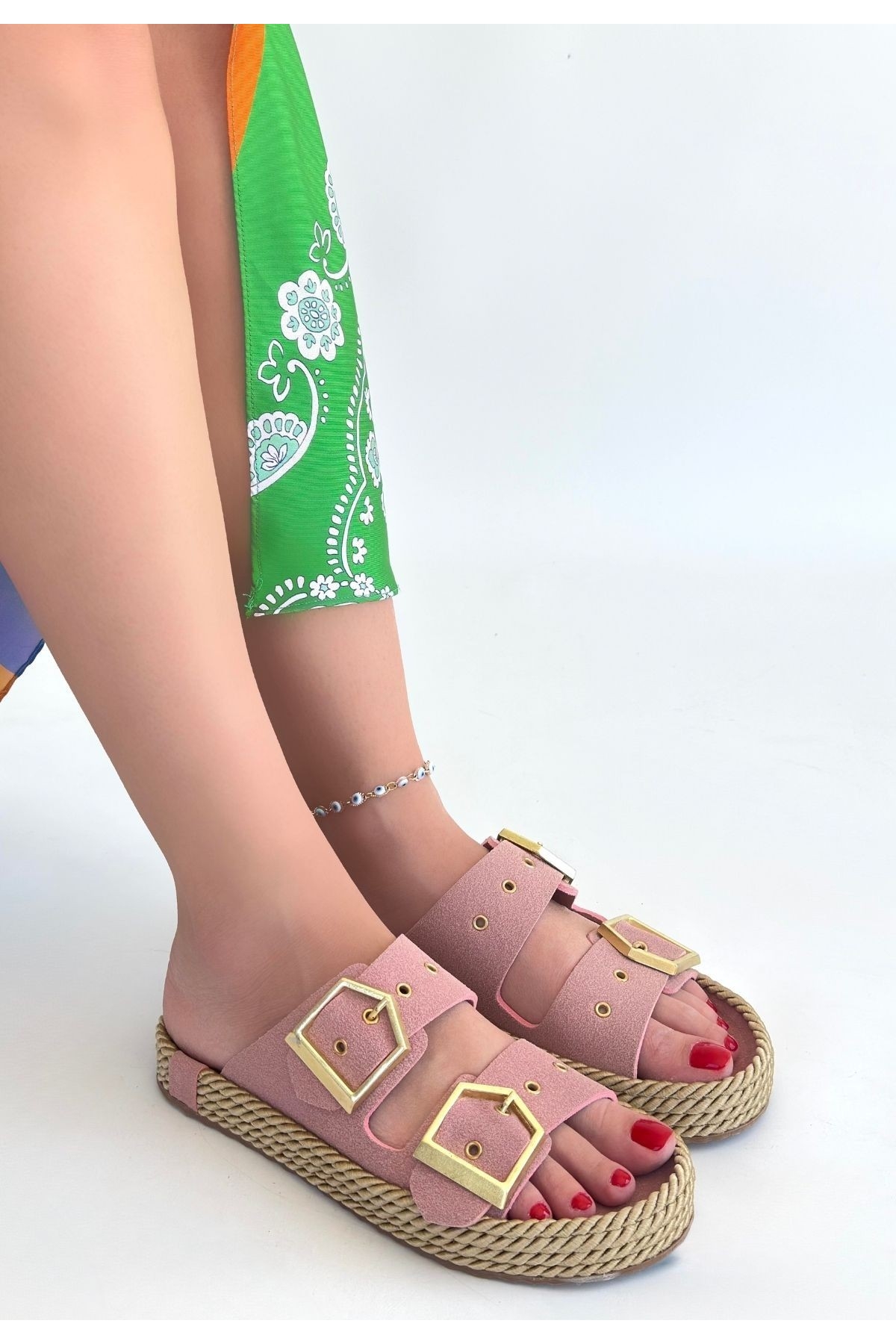 Pudra Nubuk Çift Tokalı Kadın Düz Terlik - Görsel 2