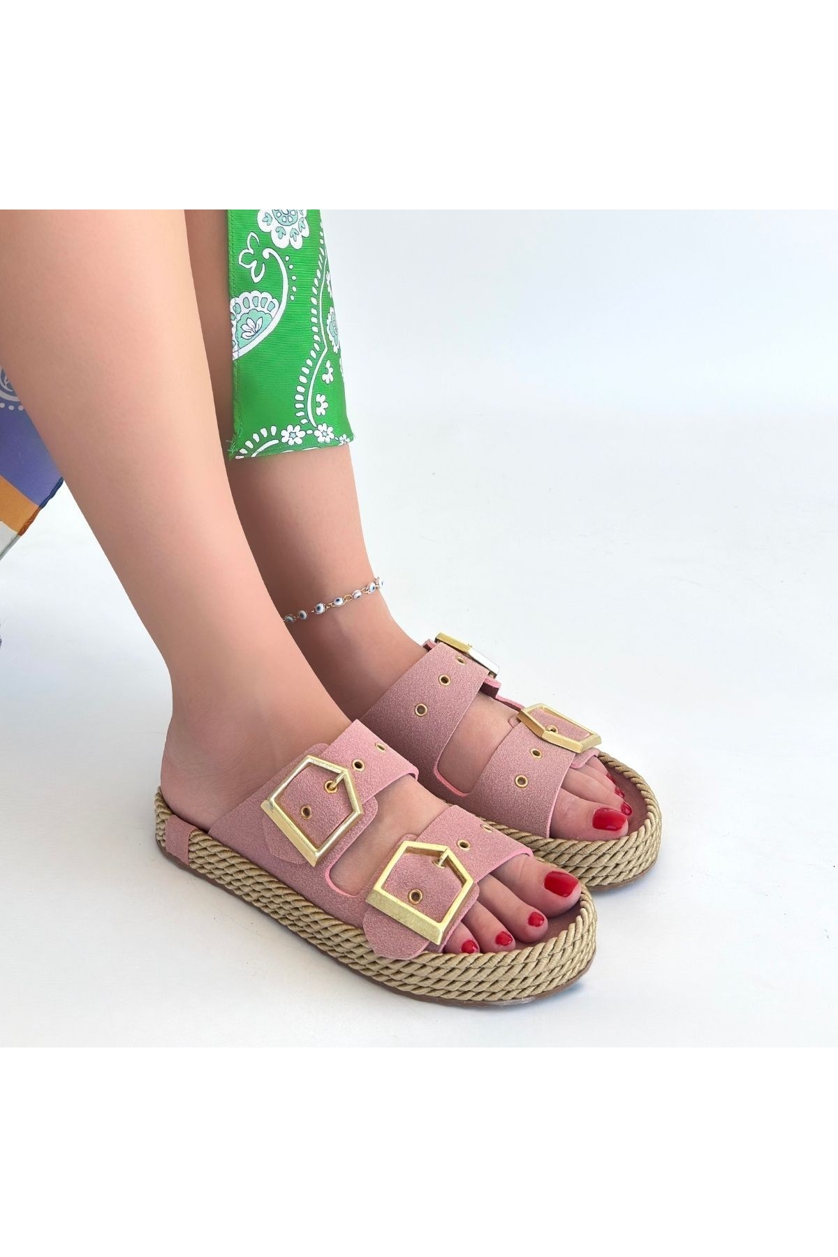 Pudra Nubuk Çift Tokalı Kadın Düz Terlik - Görsel 4