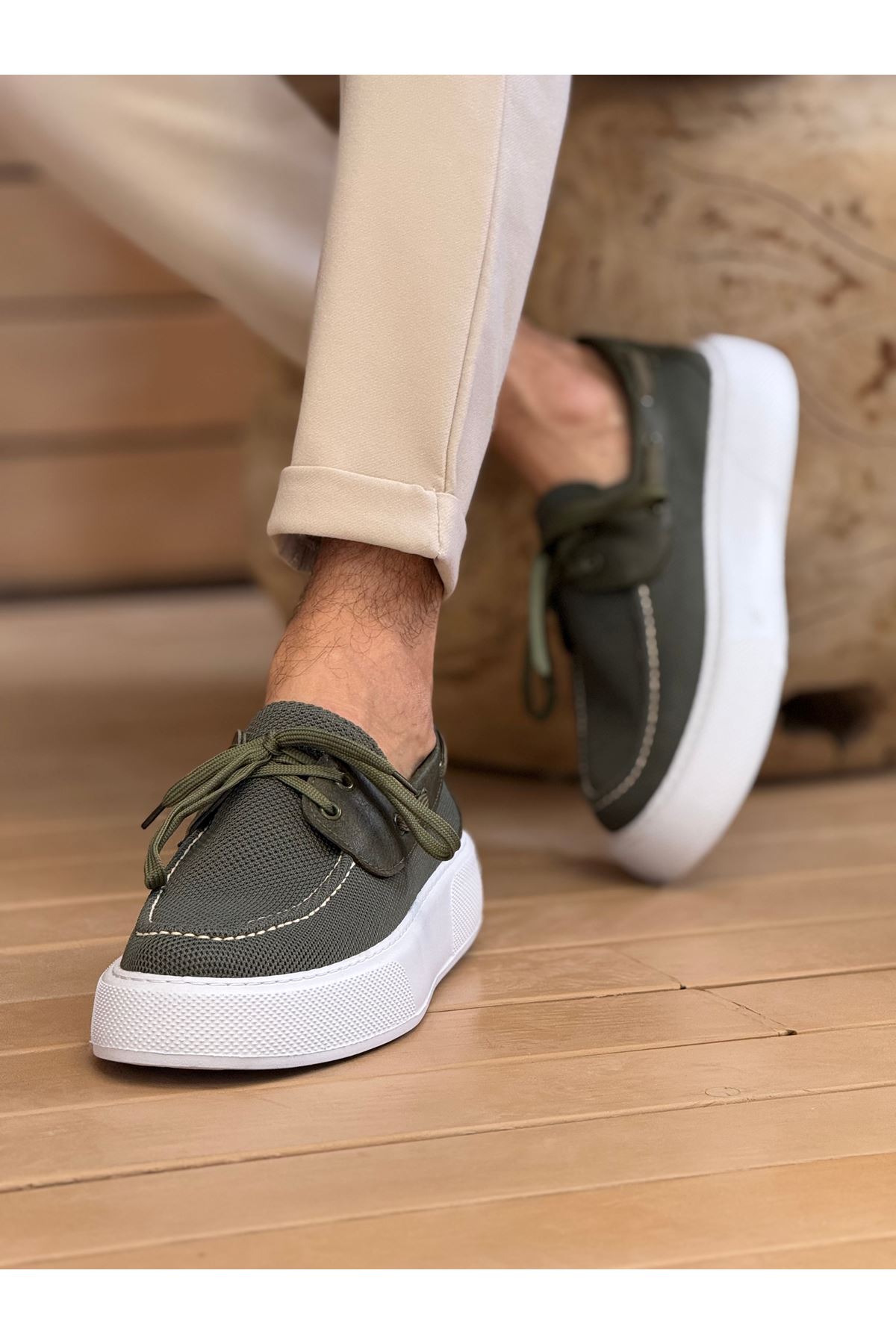 Bağcıklı Triko Erkek Casual Ayakkabı Haki - Görsel 3