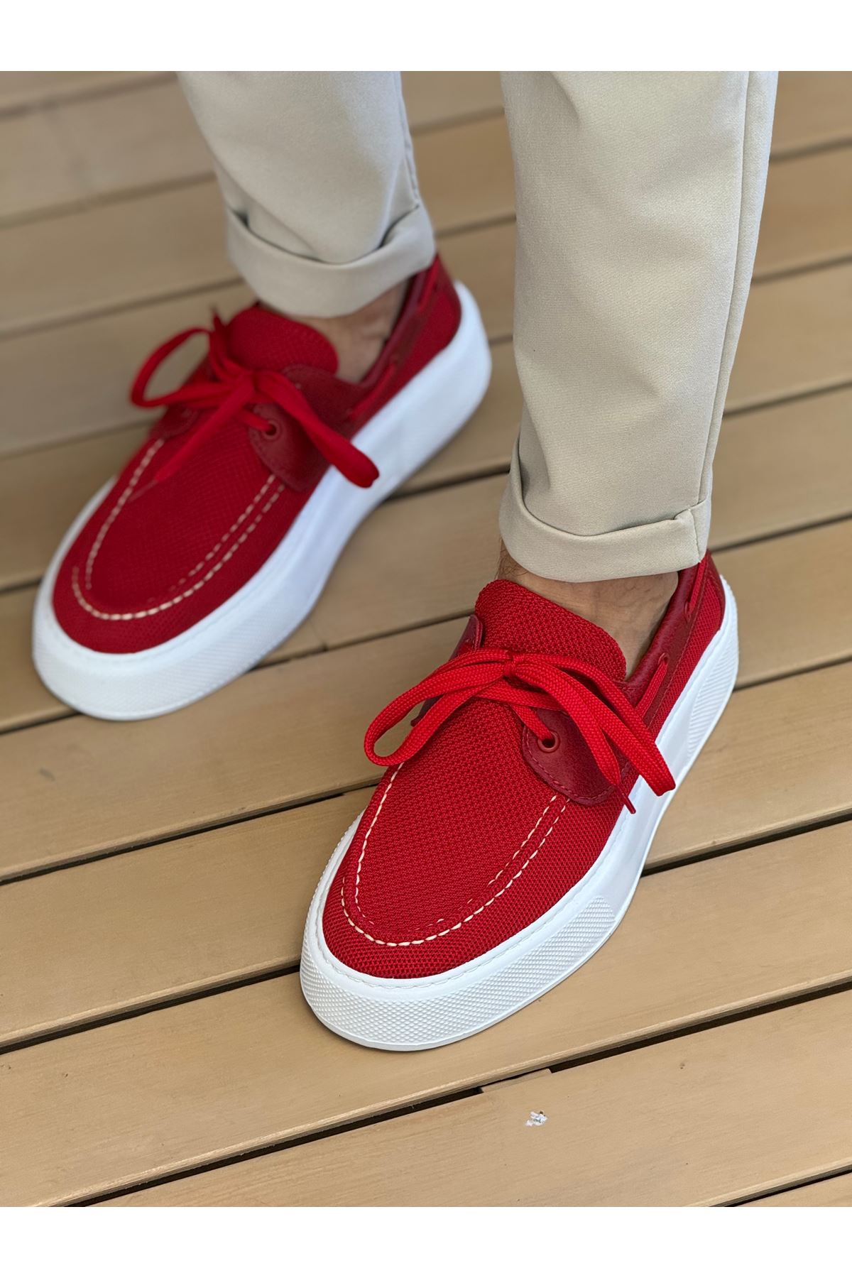 Bağcıklı Triko Erkek Casual Ayakkabı Kırmızı - Görsel 2