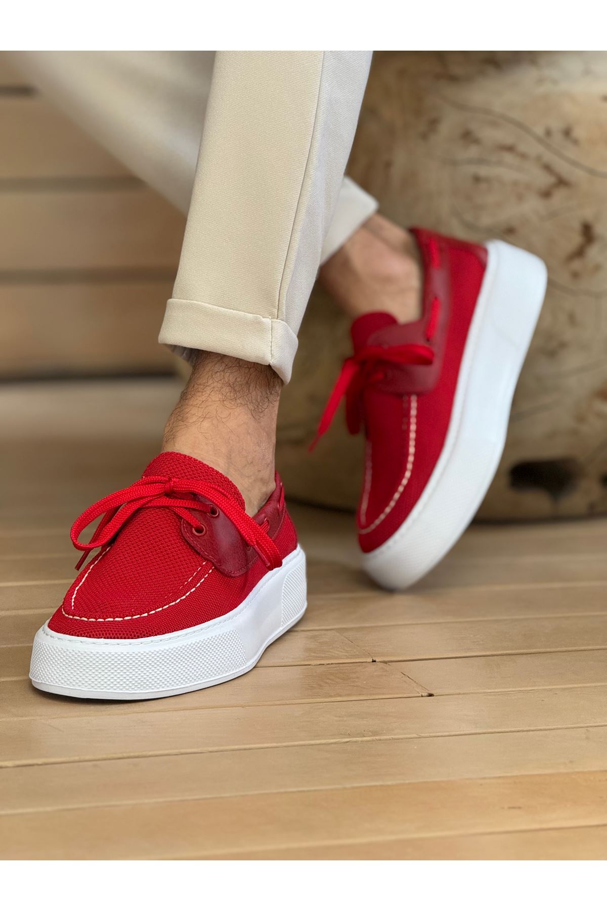 Bağcıklı Triko Erkek Casual Ayakkabı Kırmızı - Görsel 3