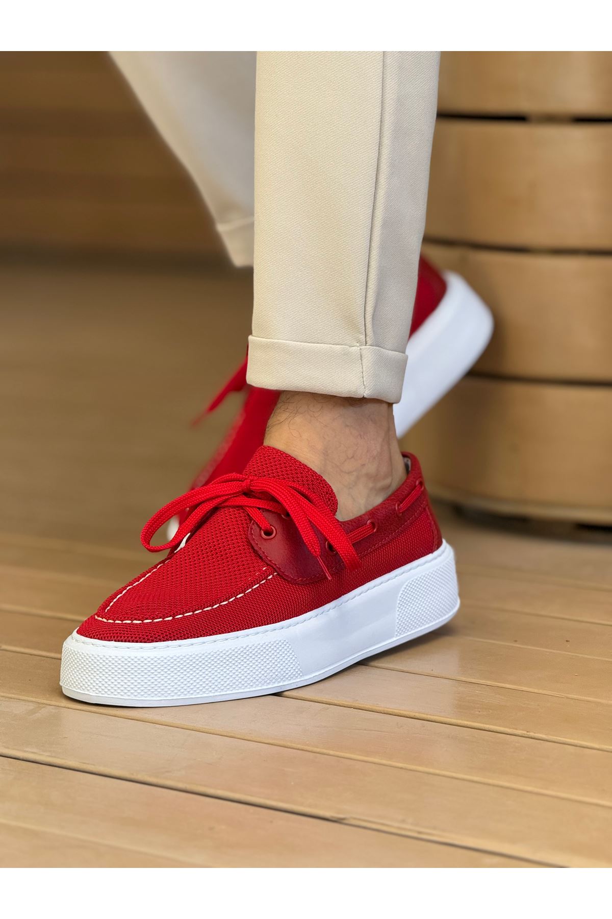 Bağcıklı Triko Erkek Casual Ayakkabı Kırmızı - Görsel 4