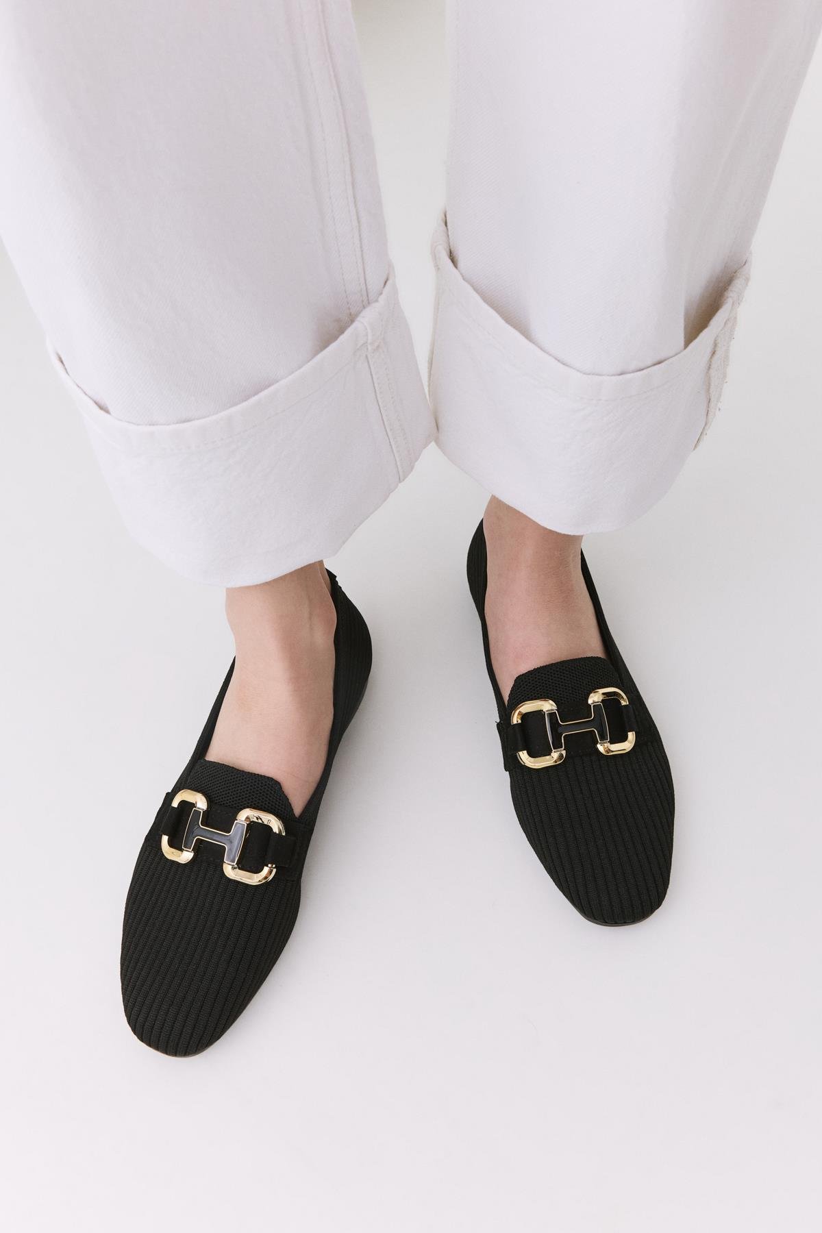 Kadın Siyah Örgü Detaylı Tokalı Günlük Loafer - Görsel 2