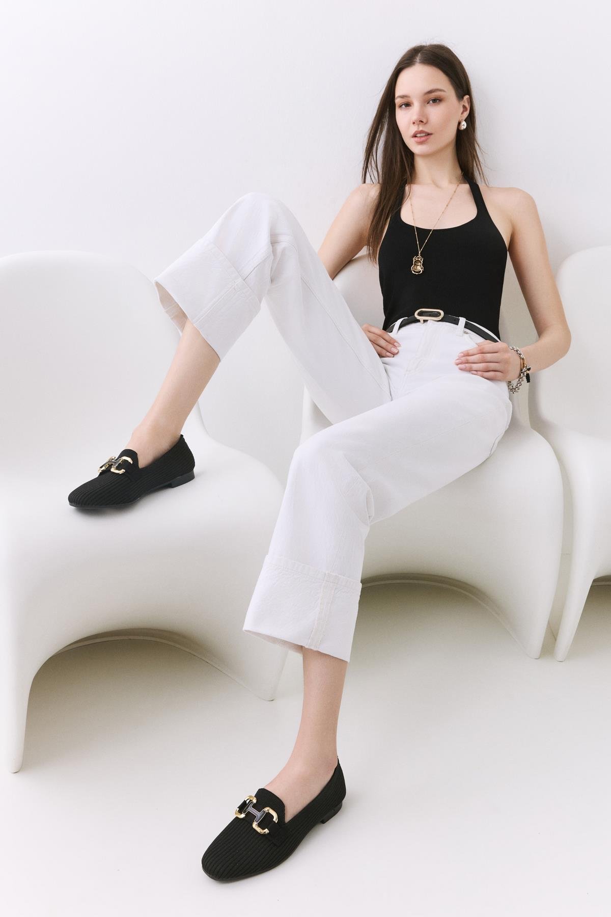 Kadın Siyah Örgü Detaylı Tokalı Günlük Loafer - Görsel 4