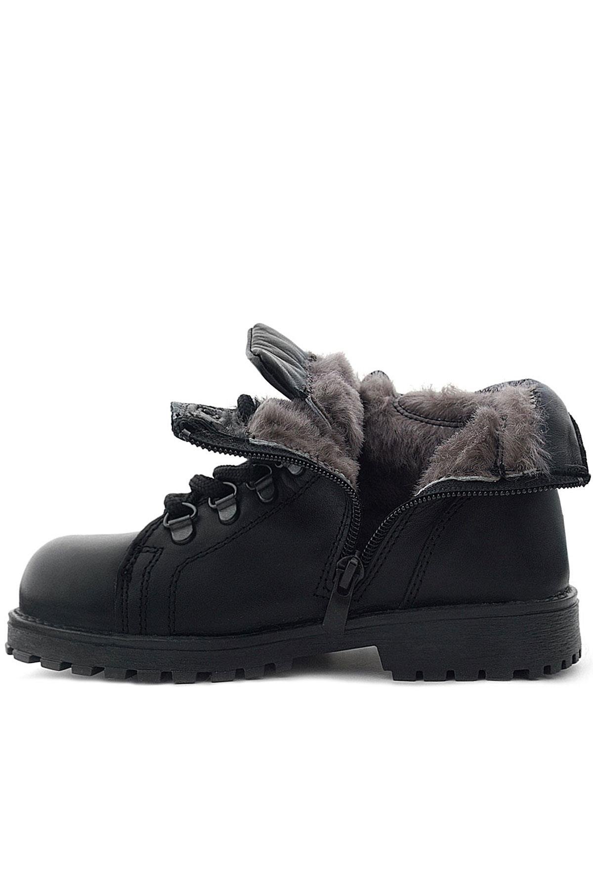 Hakiki Deri Siyah Gerçek Kürklü Bağcıklı Fermuarlı Çocuk Botu - Görsel 4