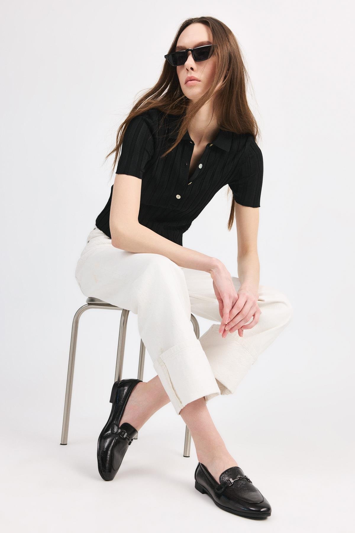 Kadın Siyah Tokalı Şık Klasik Loafer - Görsel 3