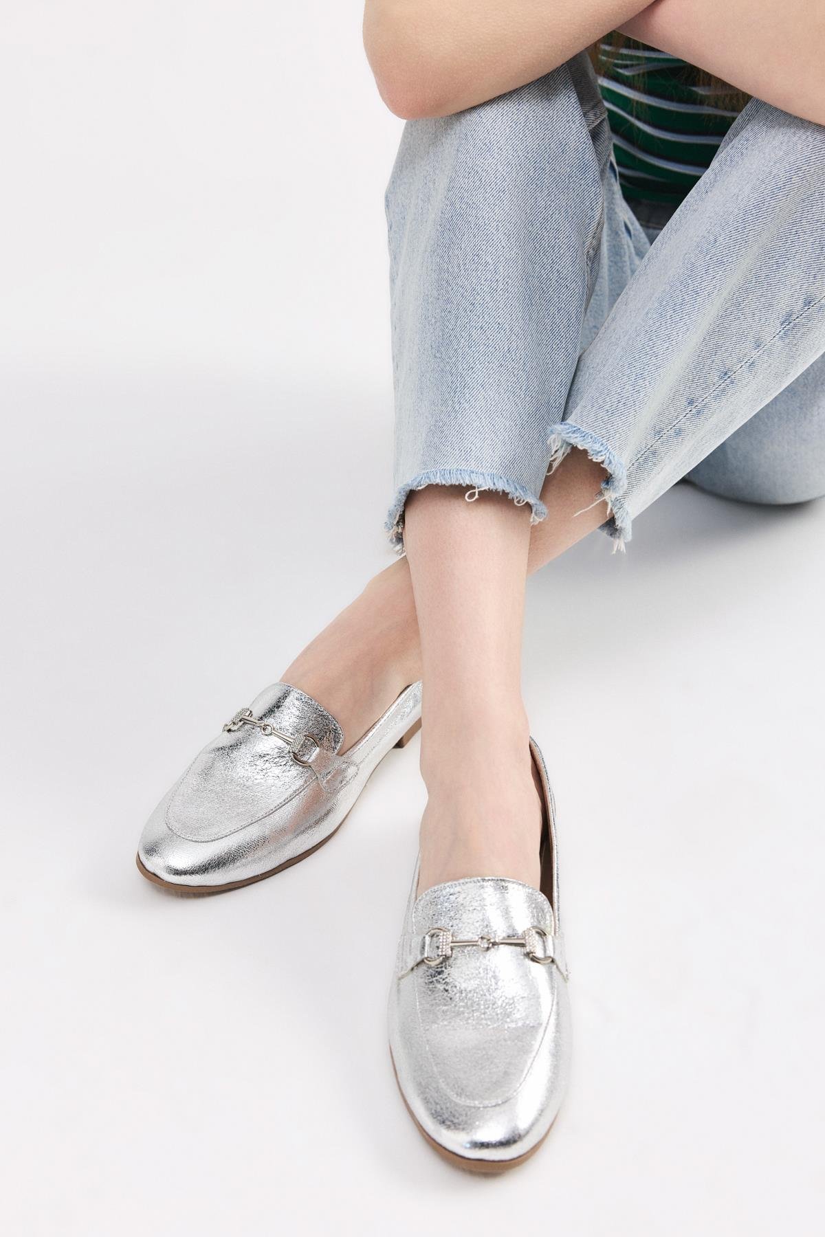 Kadın Lame Tokalı Şık Klasik Loafer - Görsel 3