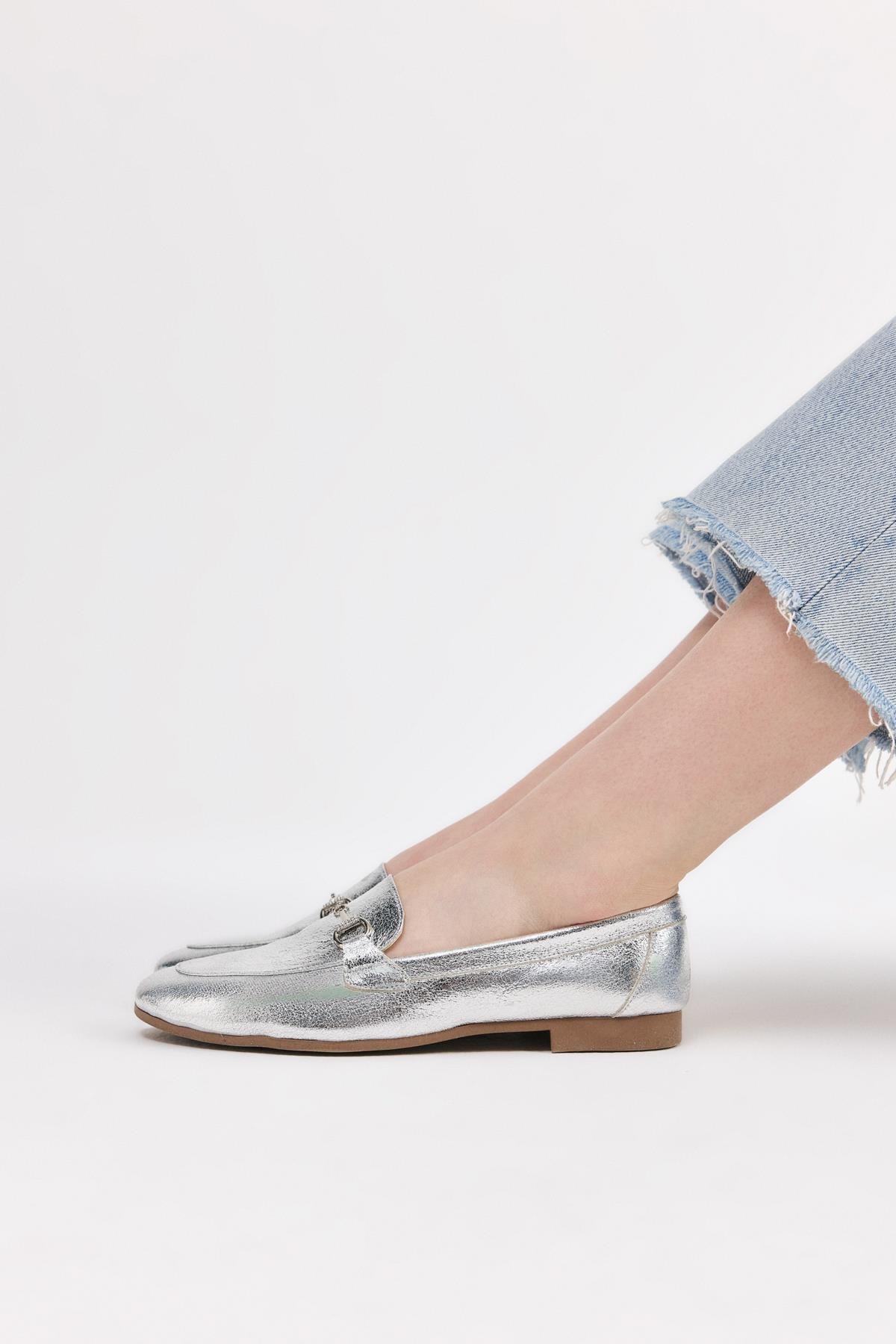 Kadın Lame Tokalı Şık Klasik Loafer - Görsel 4