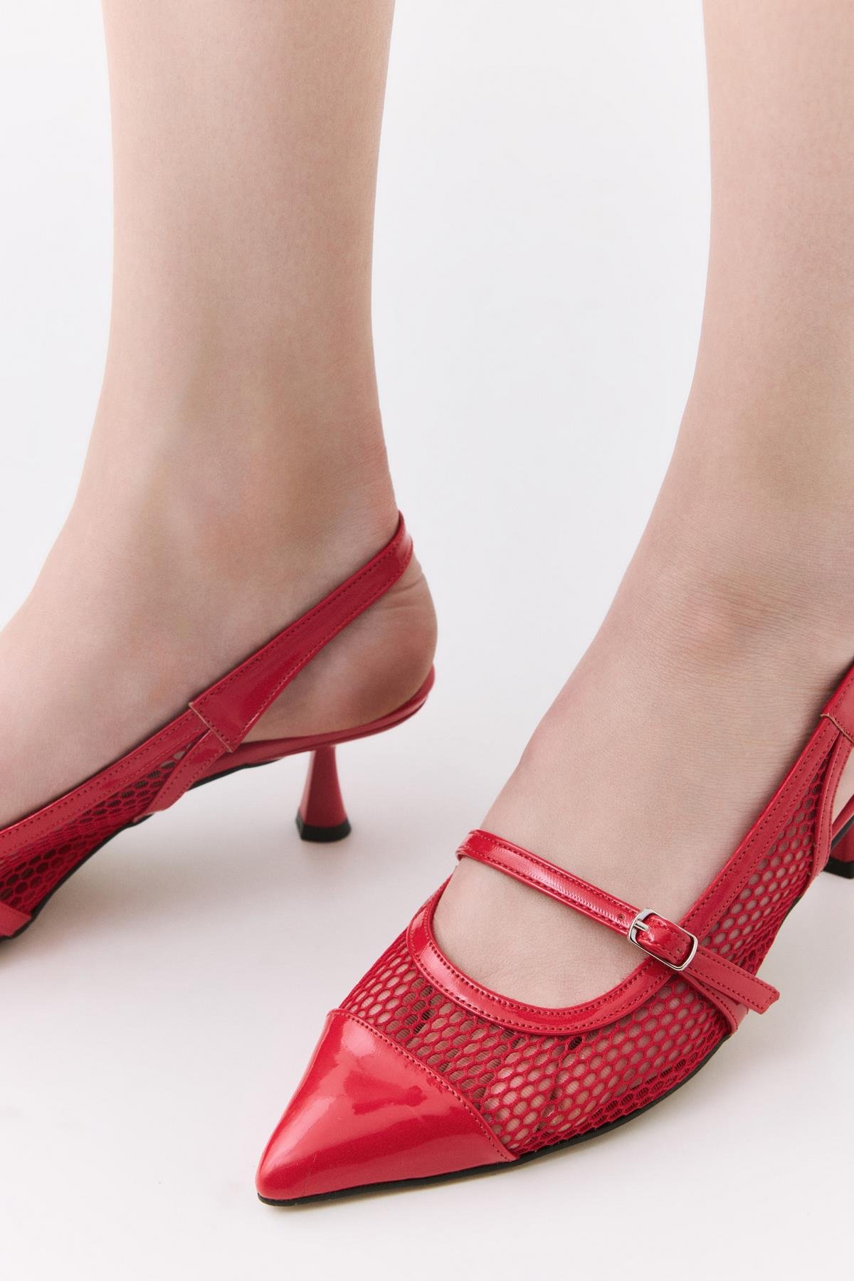 Kadın Rugan Kırmızı Fileli Stiletto - Görsel 3